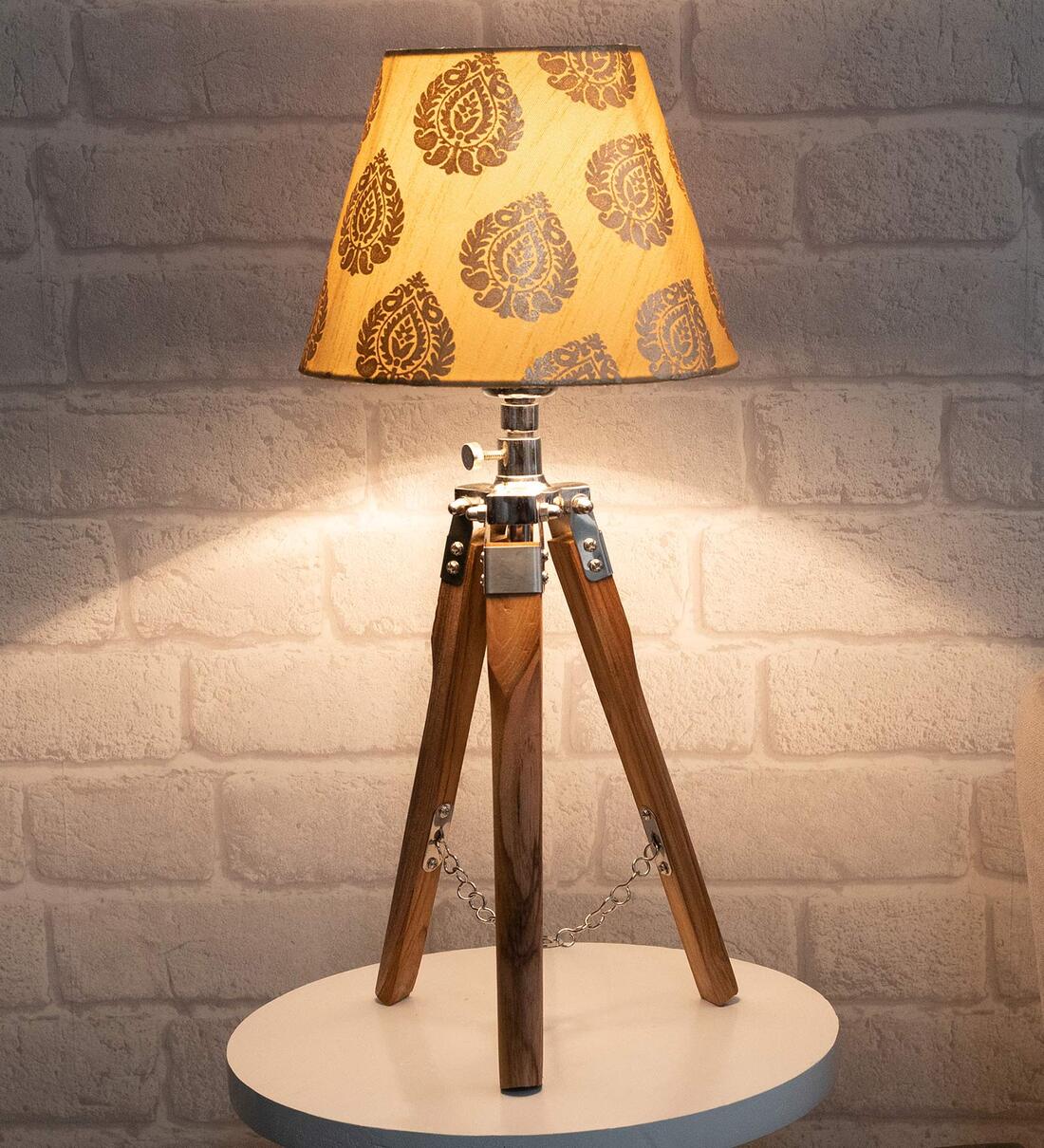 Buy Humphry Beige Cotton Shade Night Lamp With Wood Base At Off By