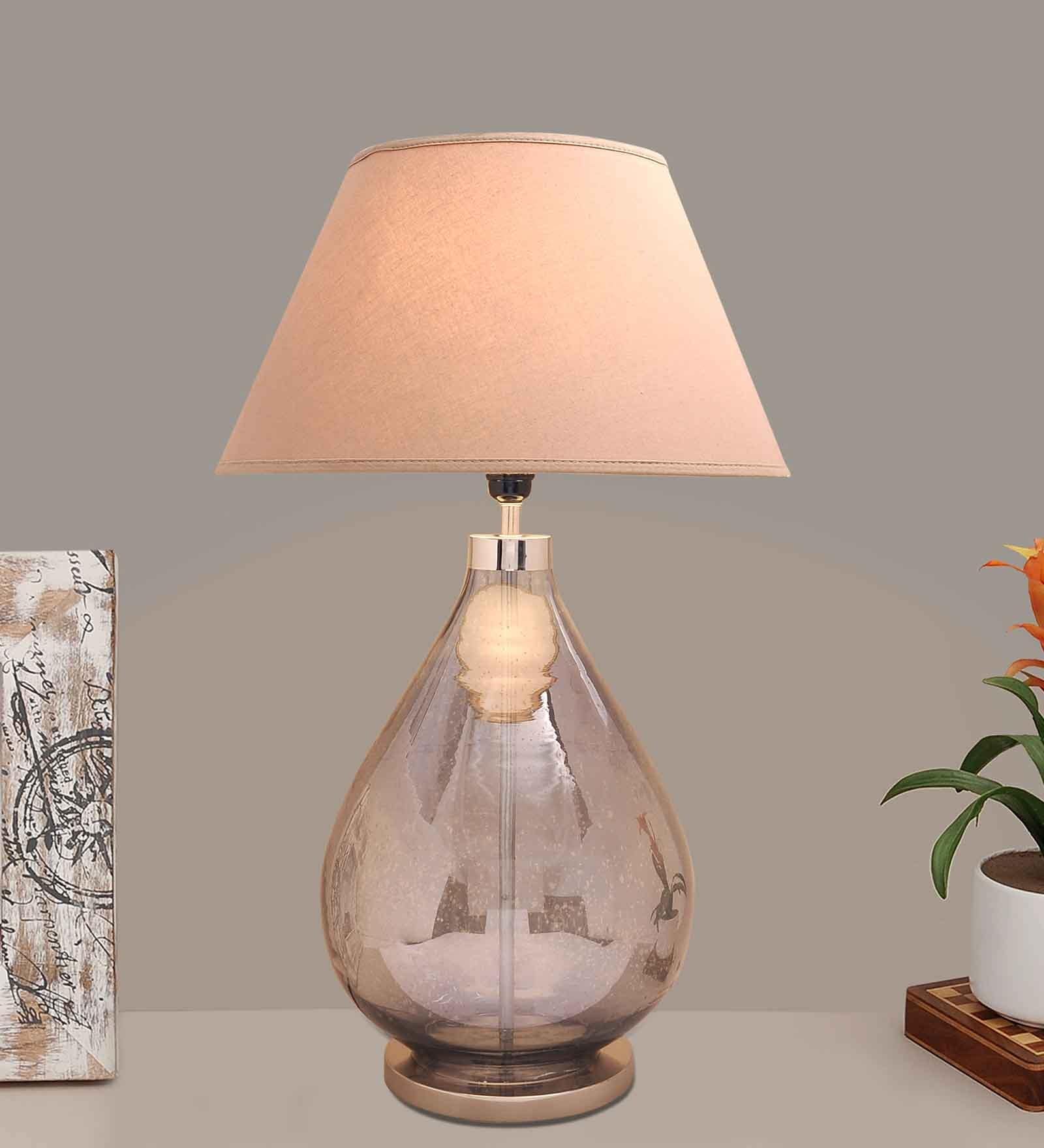 Buy Diseno Beige Cotton Shade Night Lamp With Metal Glass Base At