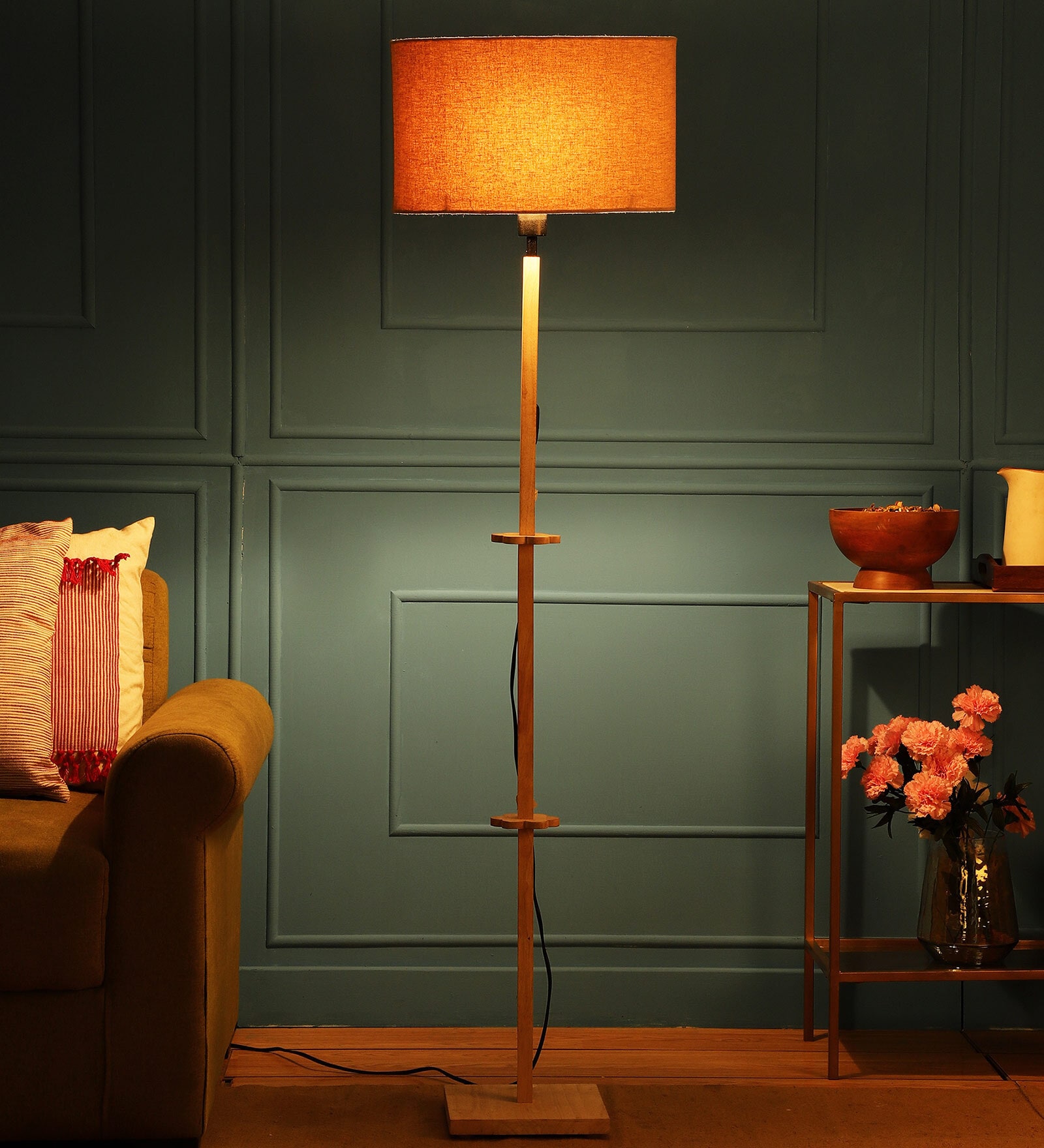 Buy Phantom Beige Fabric Shade Club Floor Lamp With Wood Base At 42