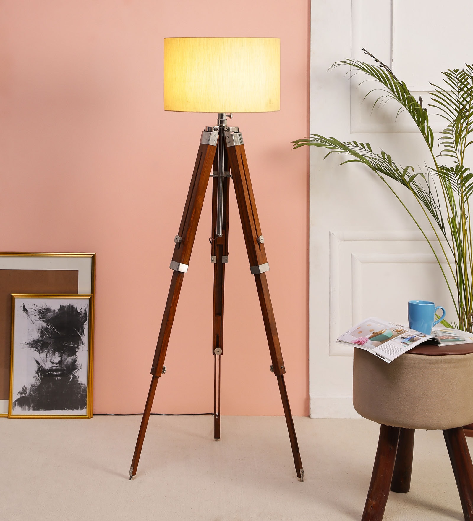 Buy Mateera Beige Fabric Shade Tripod Floor Lamp With Wood Base By