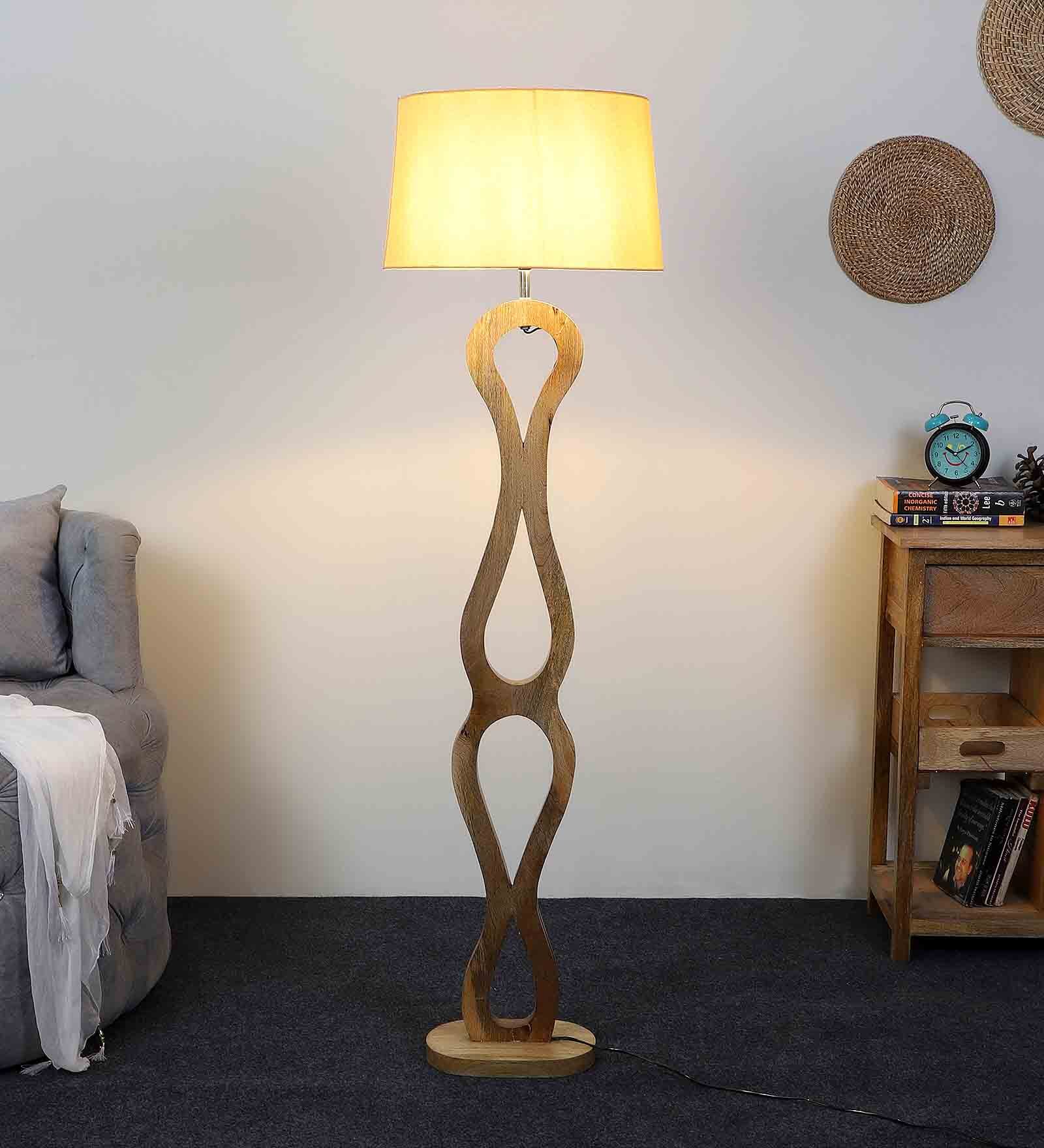 Buy Beige Iron Cloth Shade Club Floor Lamp With Wood Base By Sapphire