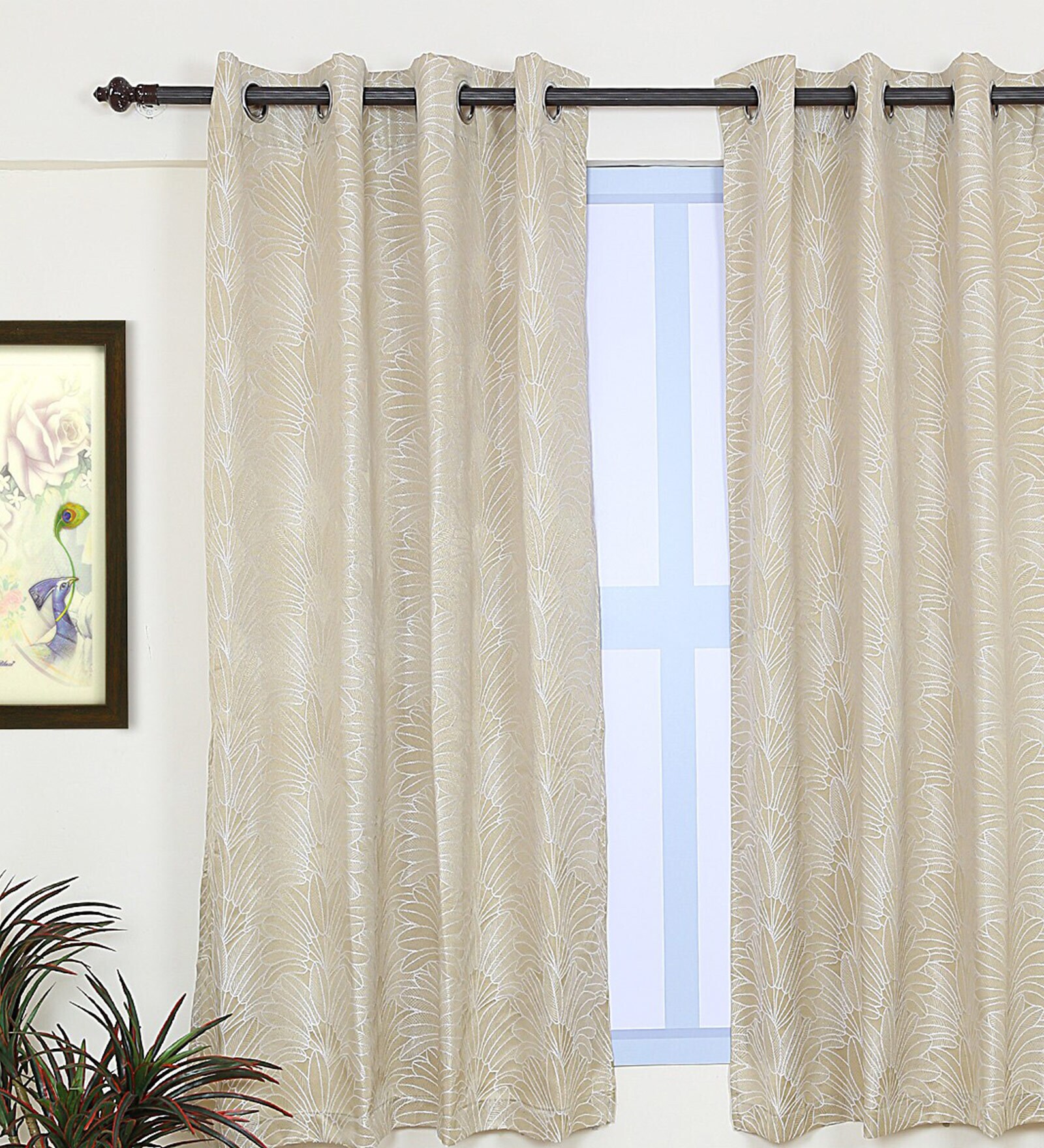 Buy Beige Abstract Polyester Ft Semisheer Eyelet Window Curtain By