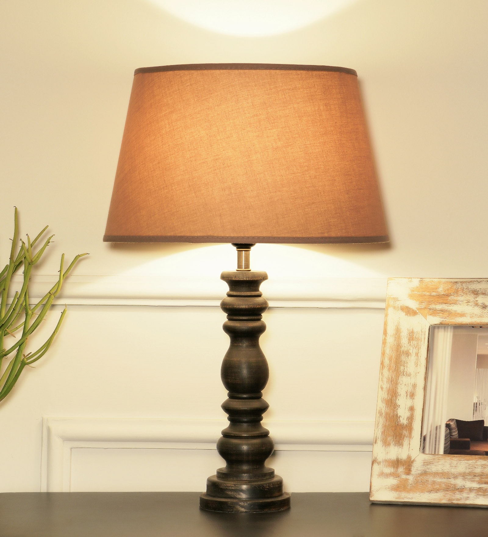 Buy Premium Beige Cottan Fabric Shade Night Lamp With Wood Base At 33