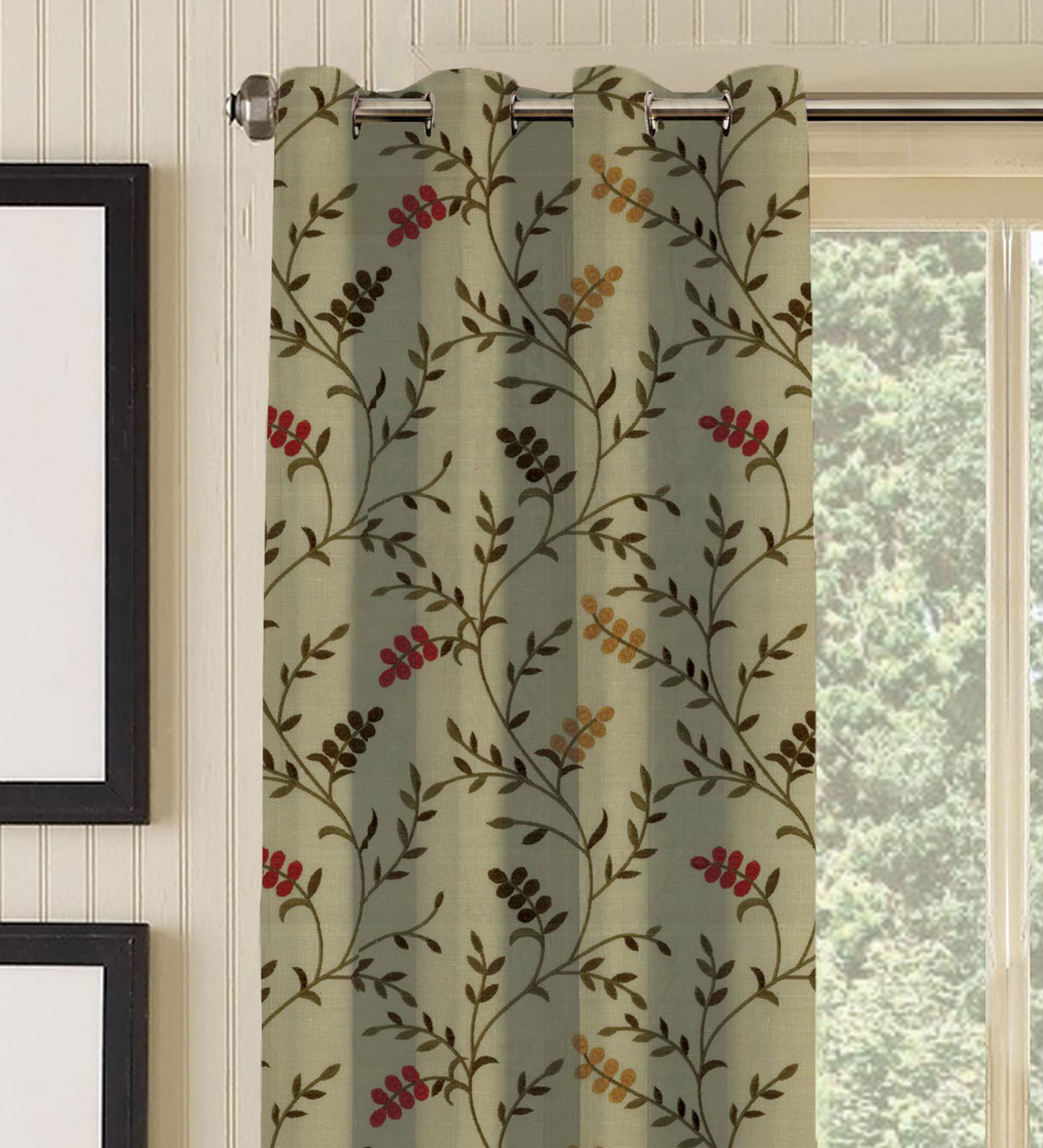 Buy Embroidered Beige Sheer Polycotton 7 Feet Eyelet Door Curtain