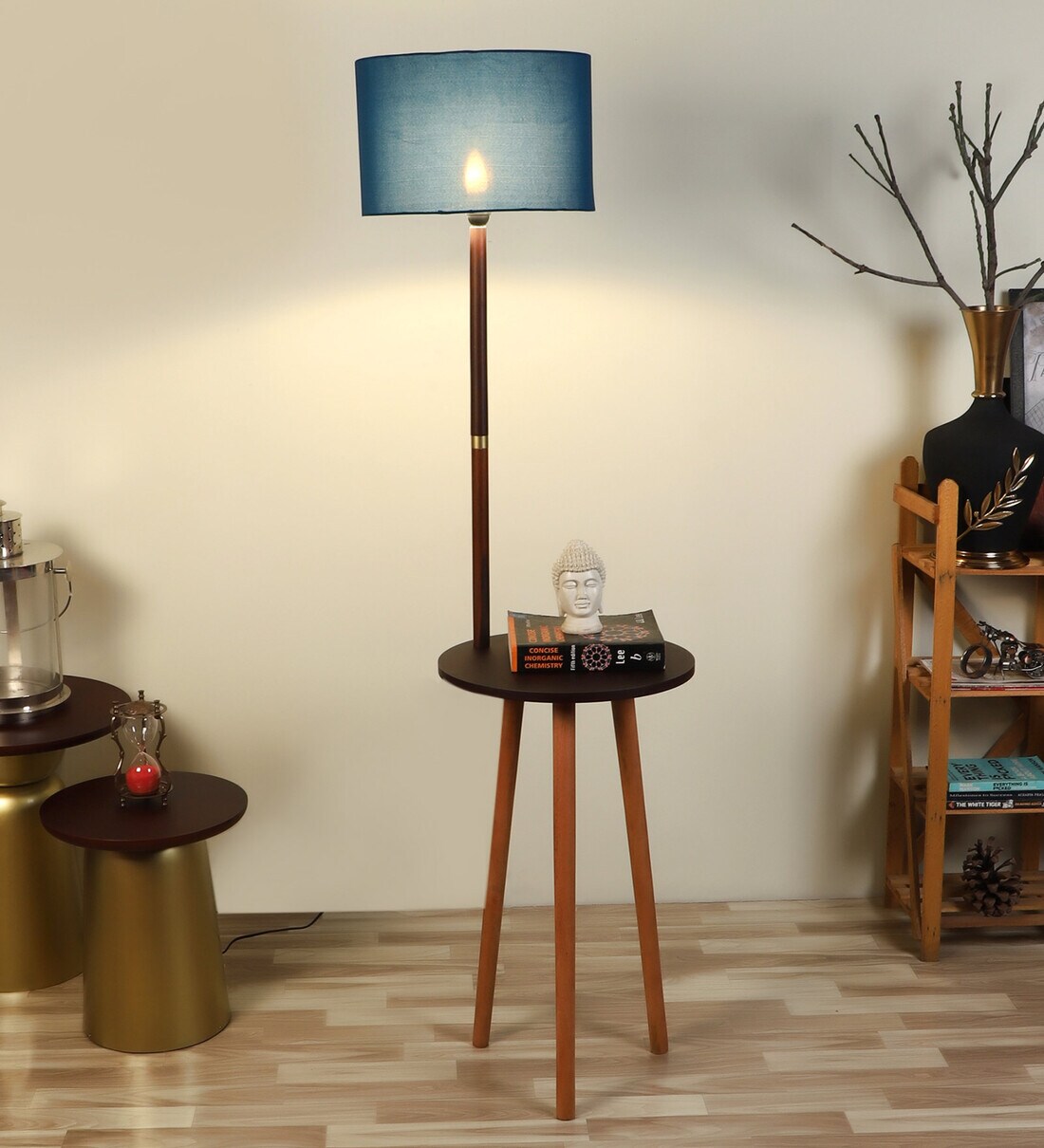 Buy Blue Cotton Shade Shelf Floor Lamp With Walnut Base By Pristine