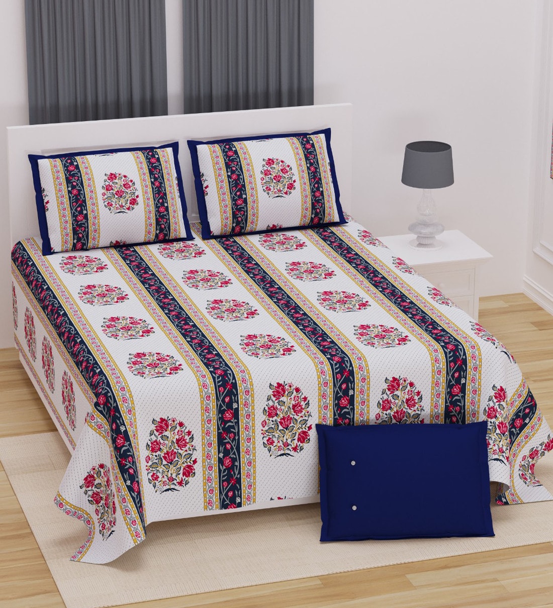 Buy Blue Floral Tc Cotton King Sized Bed Sheets With Pillow