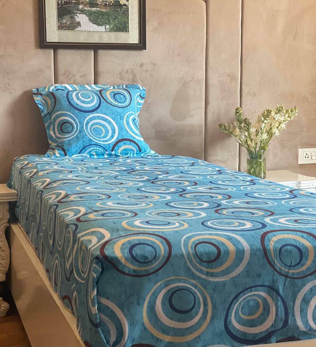 Buy Blue Geometric Tc Cotton Single Sized Bedsheet With