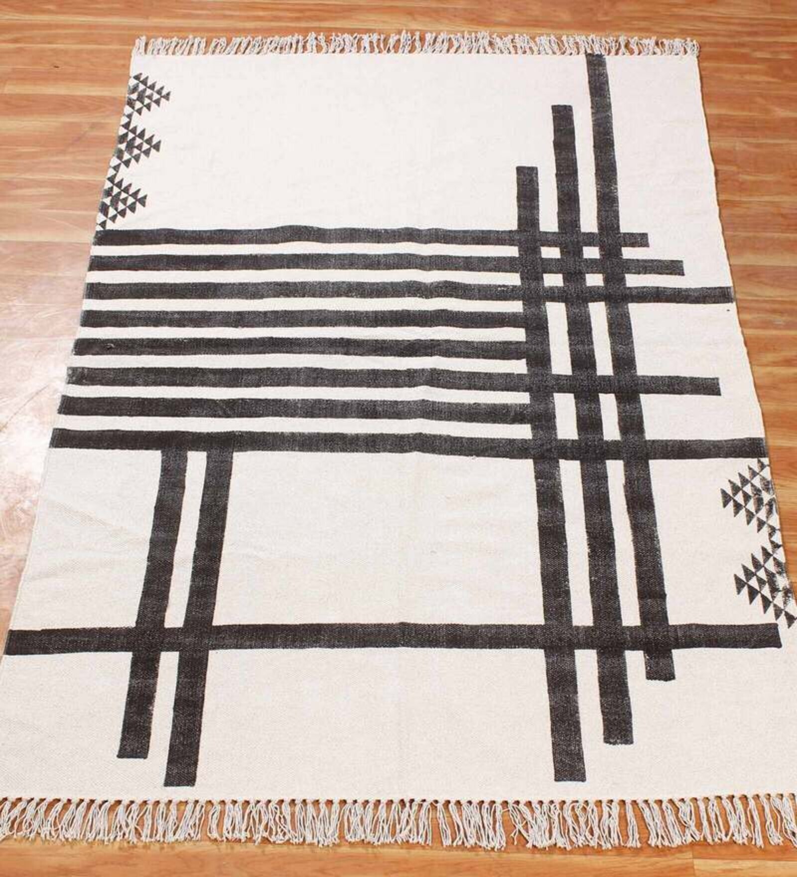 Buy Black Cotton Geometric X Hand Woven Dhurrie By Casavani At