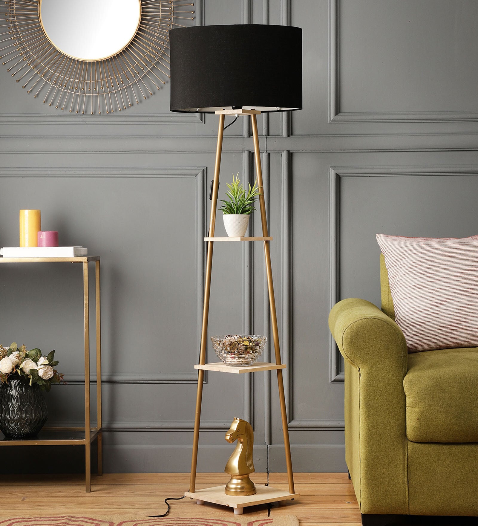 Buy Maurice Black Cotton Fabric Shade Shelf Floor Lamp With Wood