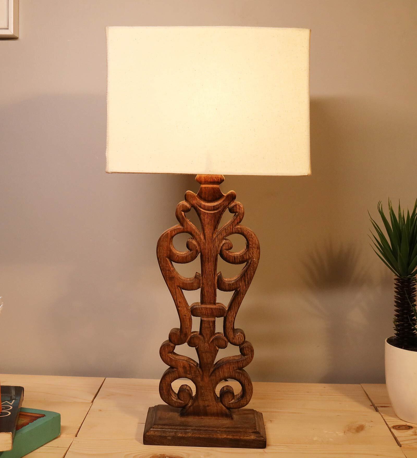 Buy Carolie White Cotton Shade Night Lamp With Wood Base At Off By