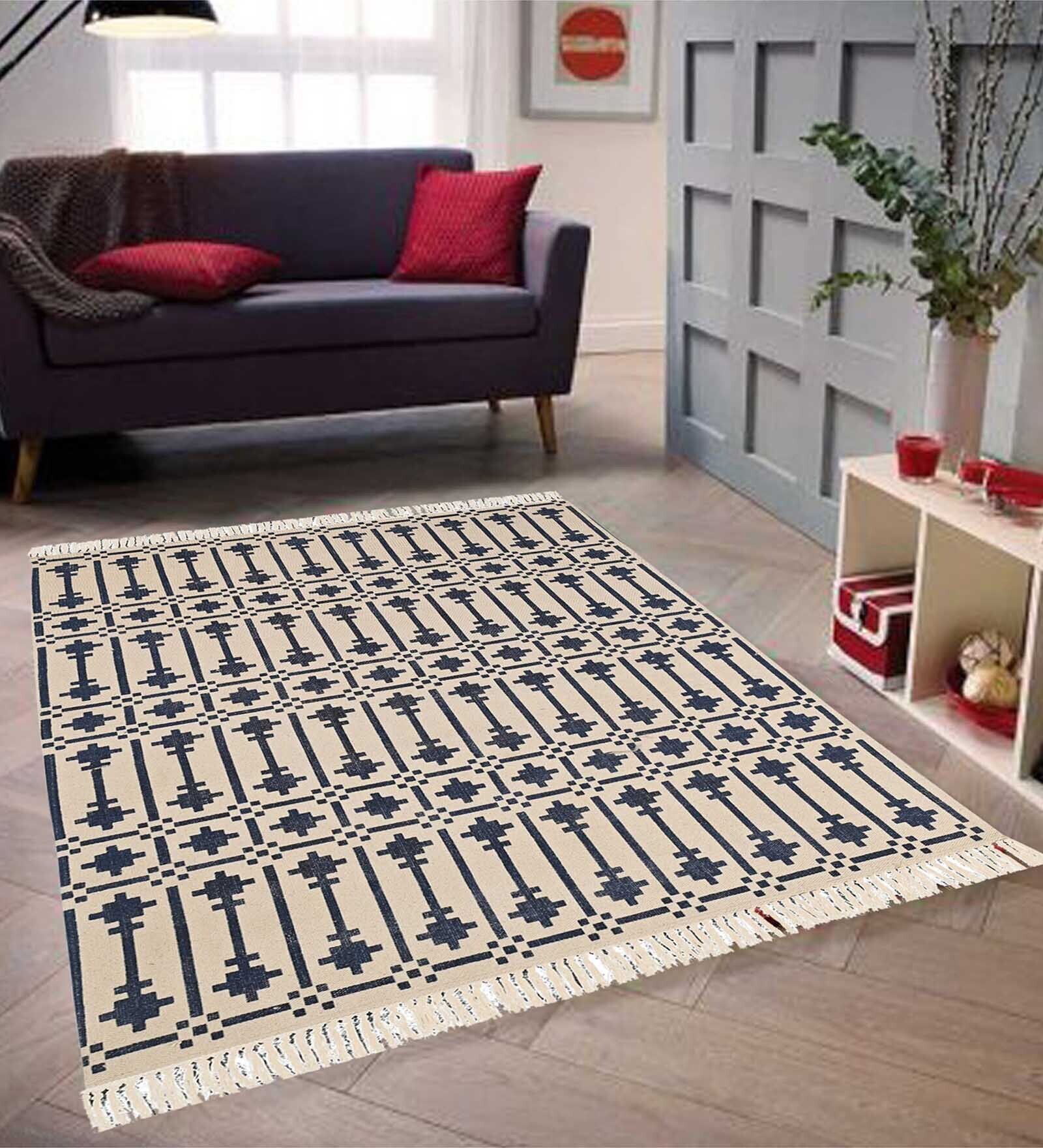 Buy Blue Cotton 4 Ft X 6 Ft Hand Woven Dhurrie By Fusion Furnishing At