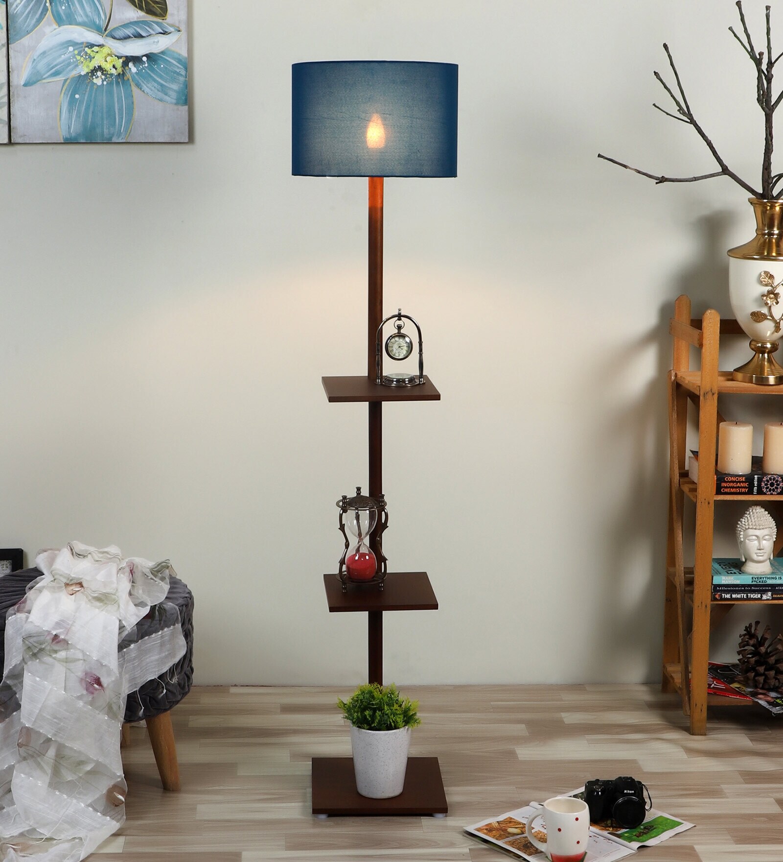 Buy Blue Cotton Shade Shelf Floor Lamp With Walnut Base By Pristine