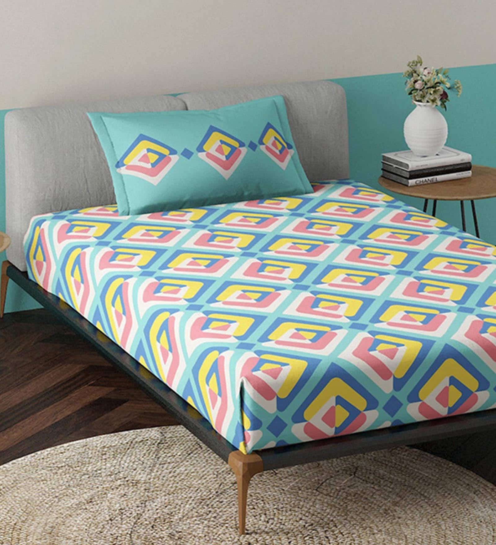 Buy Blue Geometric Tc Cotton Single Bed Sized Bed Sheets With