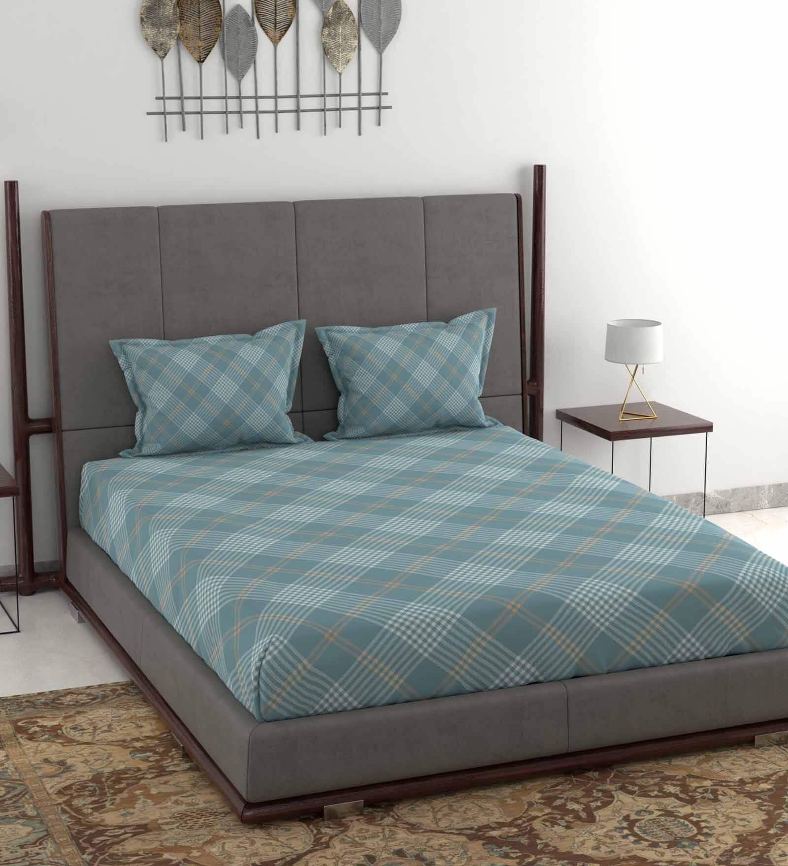 Buy Blue Checkered Tc Cotton King Sized Bed Sheets With Pillow