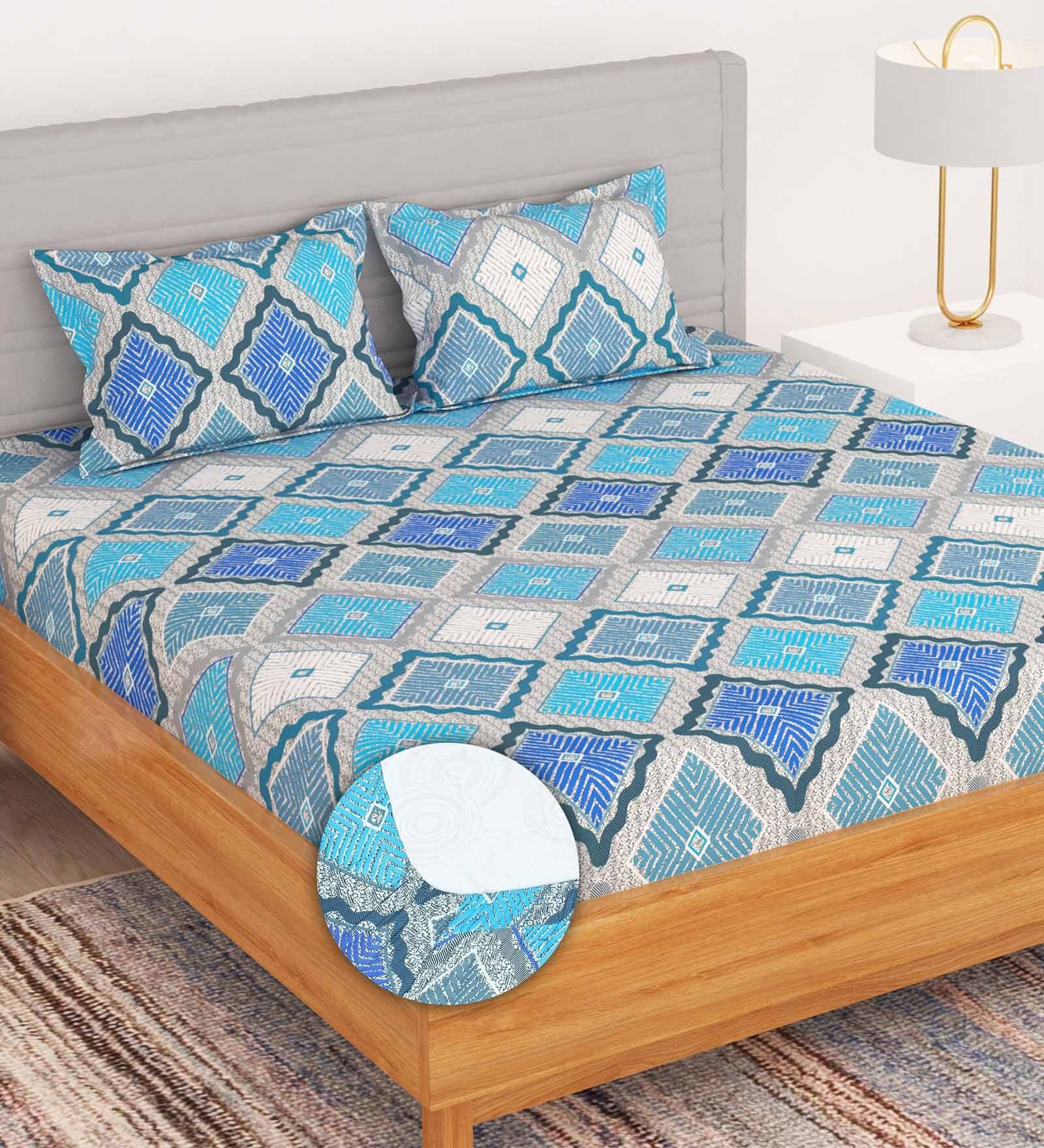 Buy Blue Geometric Tc Microfiber Queen Size Bedsheet With Pillow