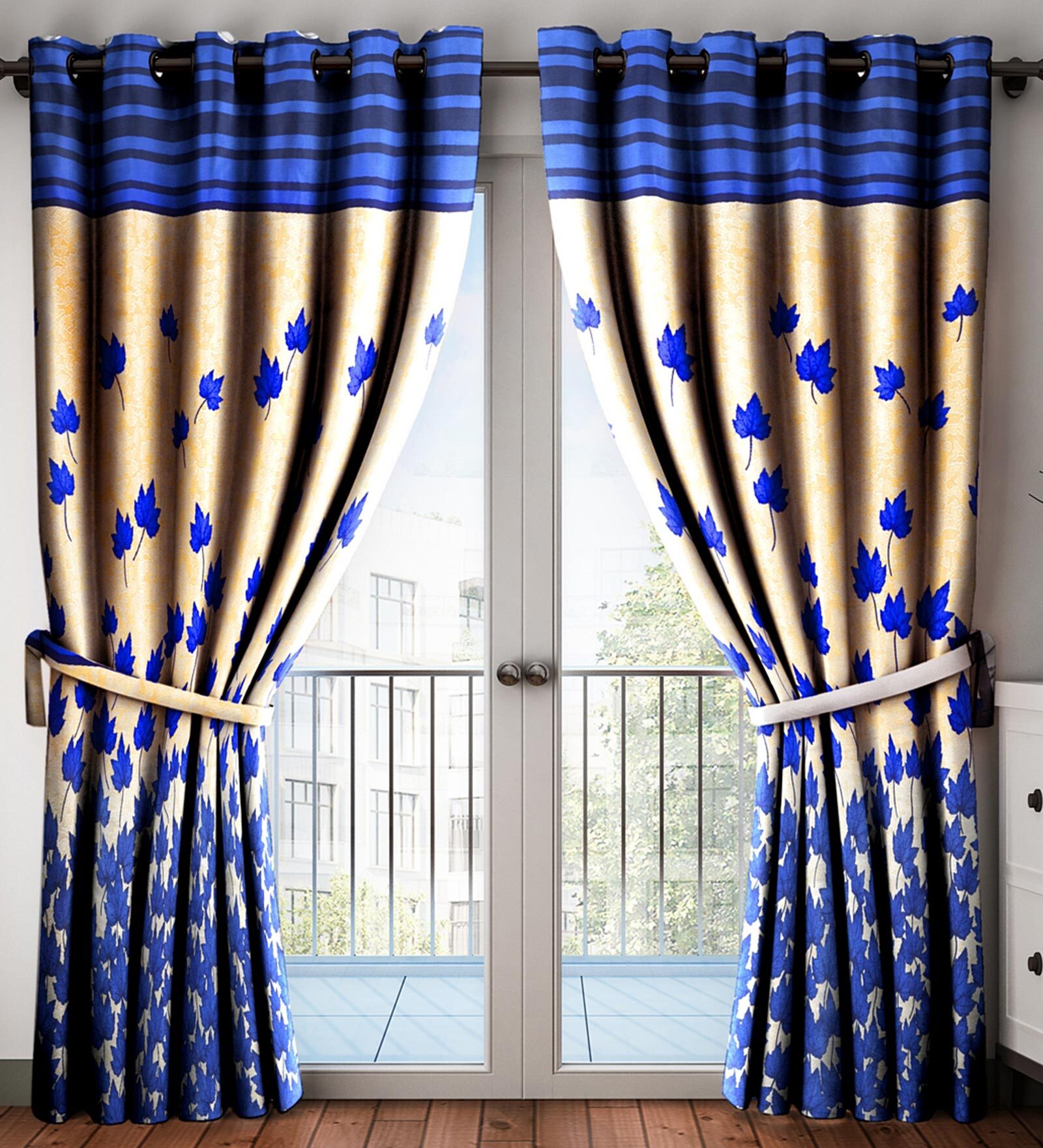 Buy Blue Floral Polyester 7 Ft Semisheer Eyelet Door Curtains Set Of 2