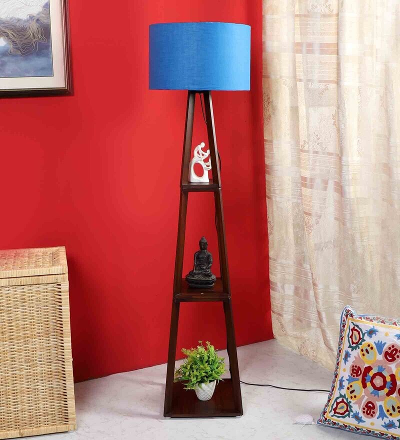 Buy Blue Cotton Shade Shelf Floor Lamp With Walnut Base By Pristine