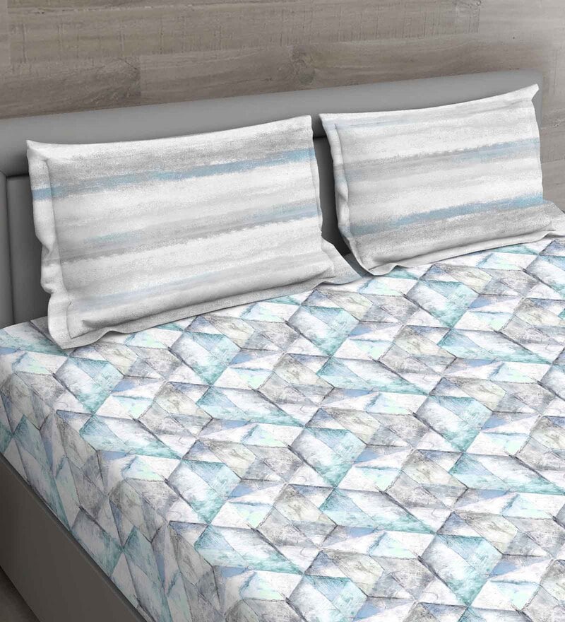 Buy Blue Geometric Tc Cotton Queen Sized Bedsheet With Pillow