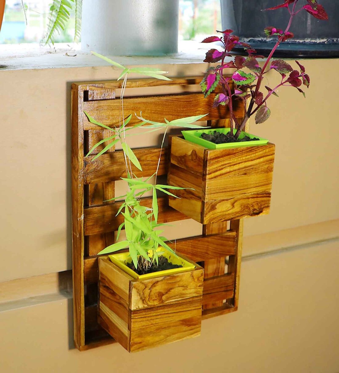 Buy Brown Teak Wood Wall Hanging Dual Planter Stand By Wisekrafter