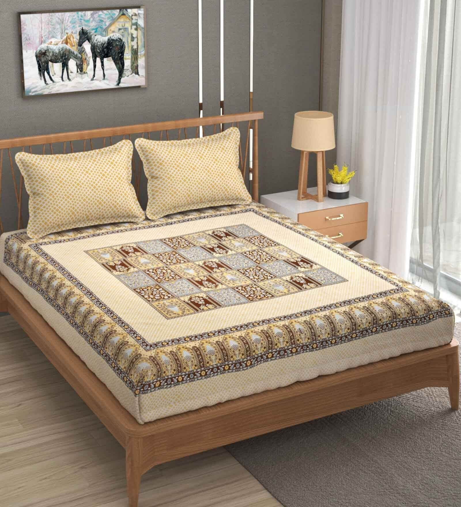 Buy Brown Traditional Tc Glace Cotton Fitted Double Bedsheet With