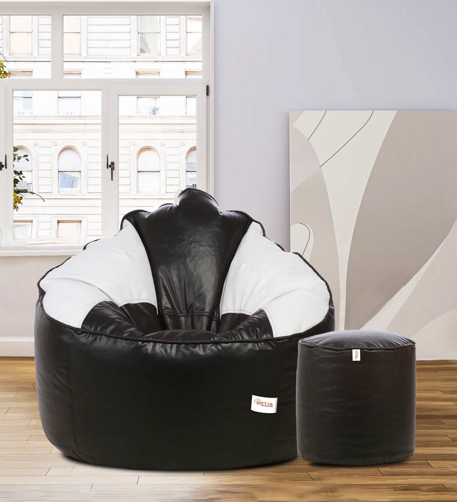 Buy Combo Muddha Xxxl Leatherette Bean Bag With Beans In Black White