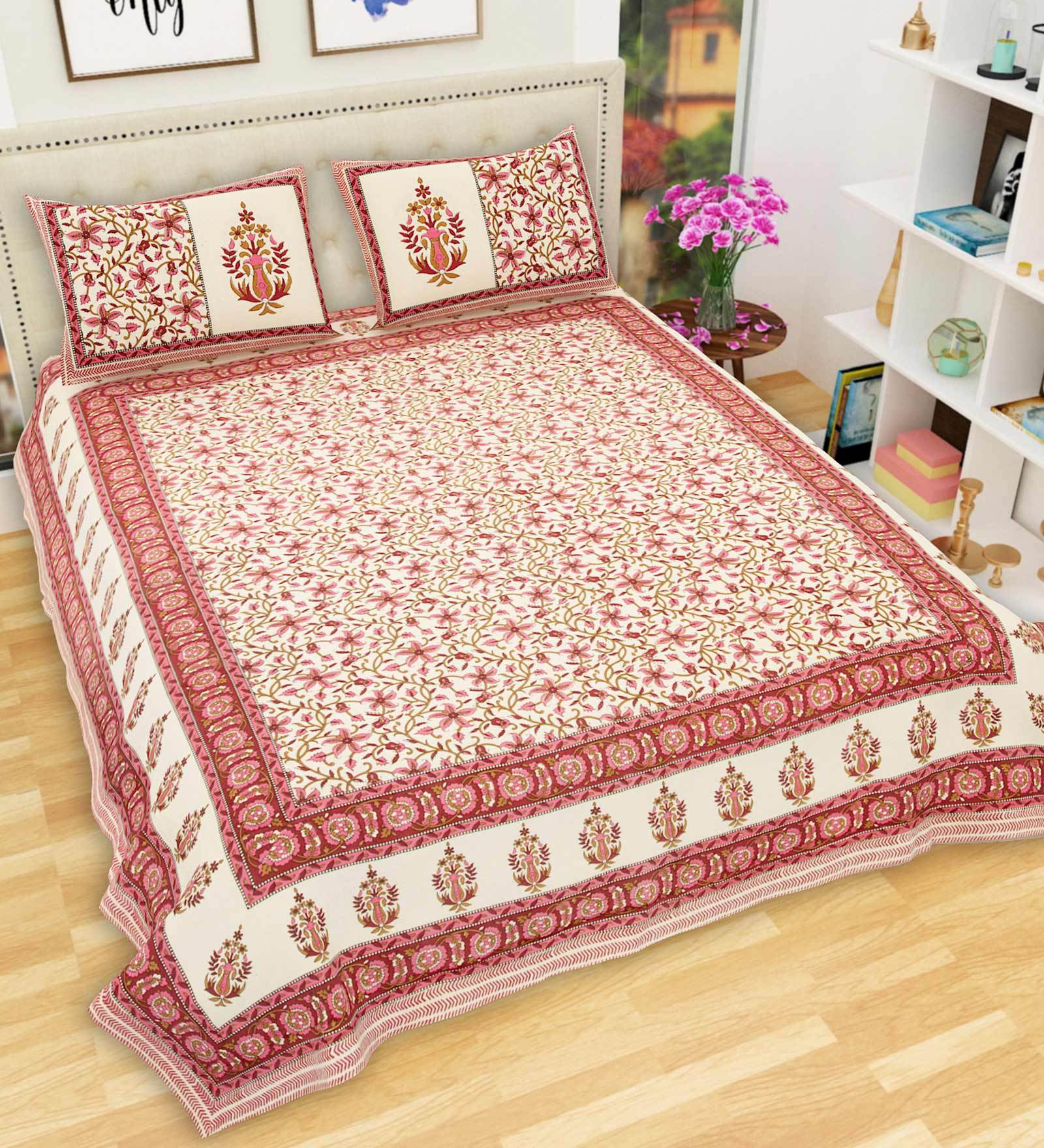 Buy Pink Floral 200 TC Cotton 1 Double King Size Bedsheet With 2 Pillow