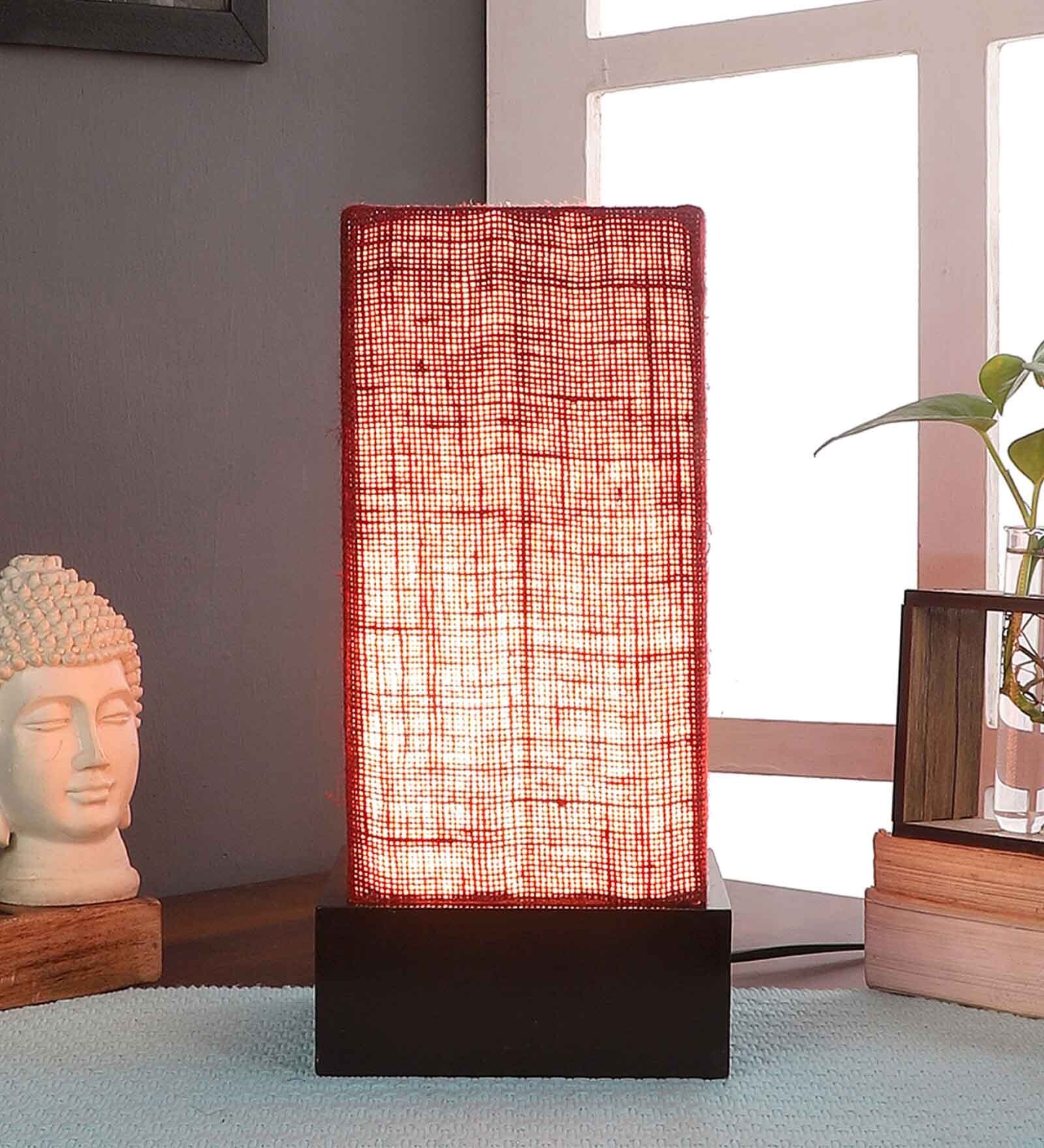 Buy Imprisoned Maroon Jute Shade Table Lamp With Wood Base By New Era