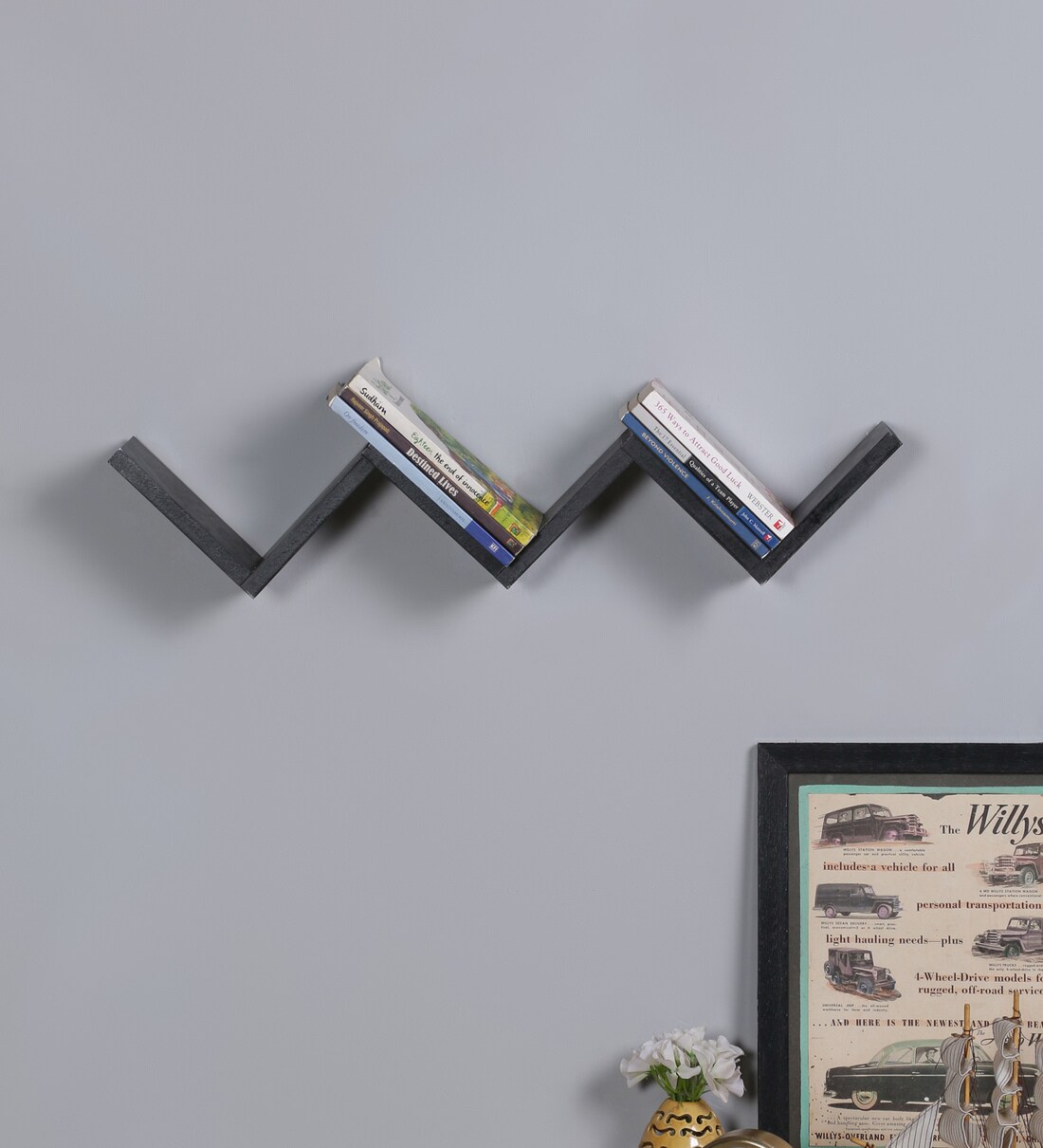 Buy Engineered Wood Zigzag Floating Wall Shelf In Black Colour By