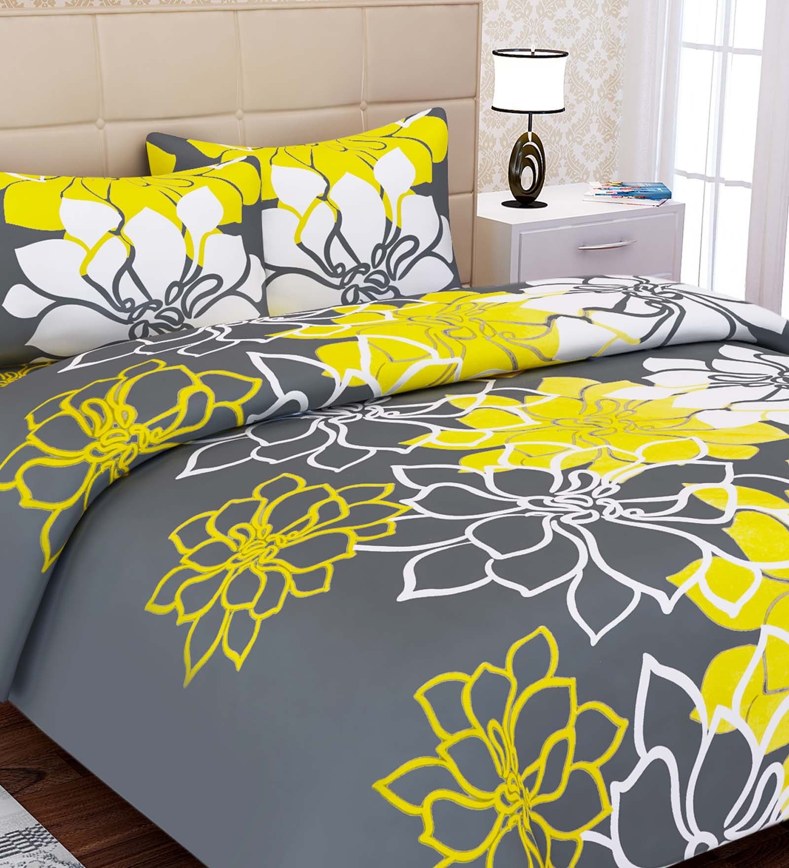 Buy Grey Floral Tc Cotton Queen Sized Bed Sheets With Pillow