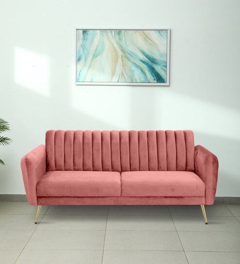 Buy Fidel Velvet 3 Seater Sofa In Blush Pink Colour At 20 OFF By