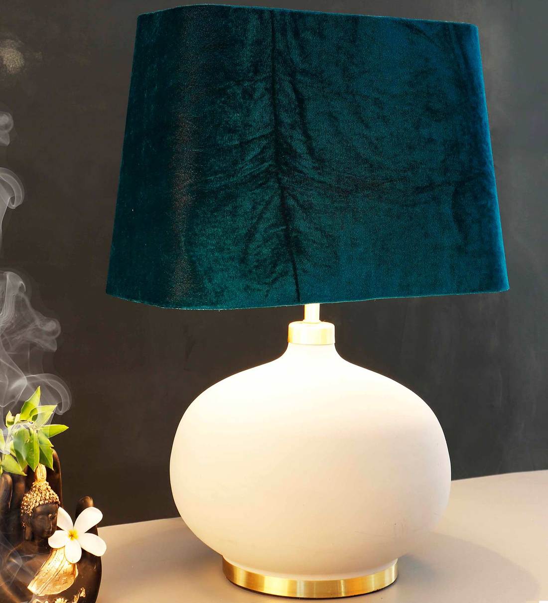 Buy Grey Womb Bottle Green Velvet Shade Table Lamp With Grey Base By