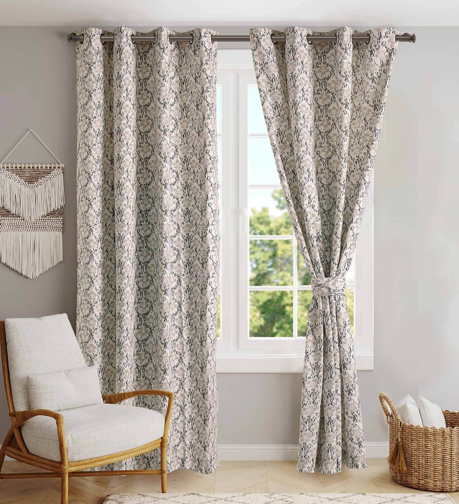 Buy Grey Cotton Floral Ft Semisheer Eyelet Door Curtains Set Of