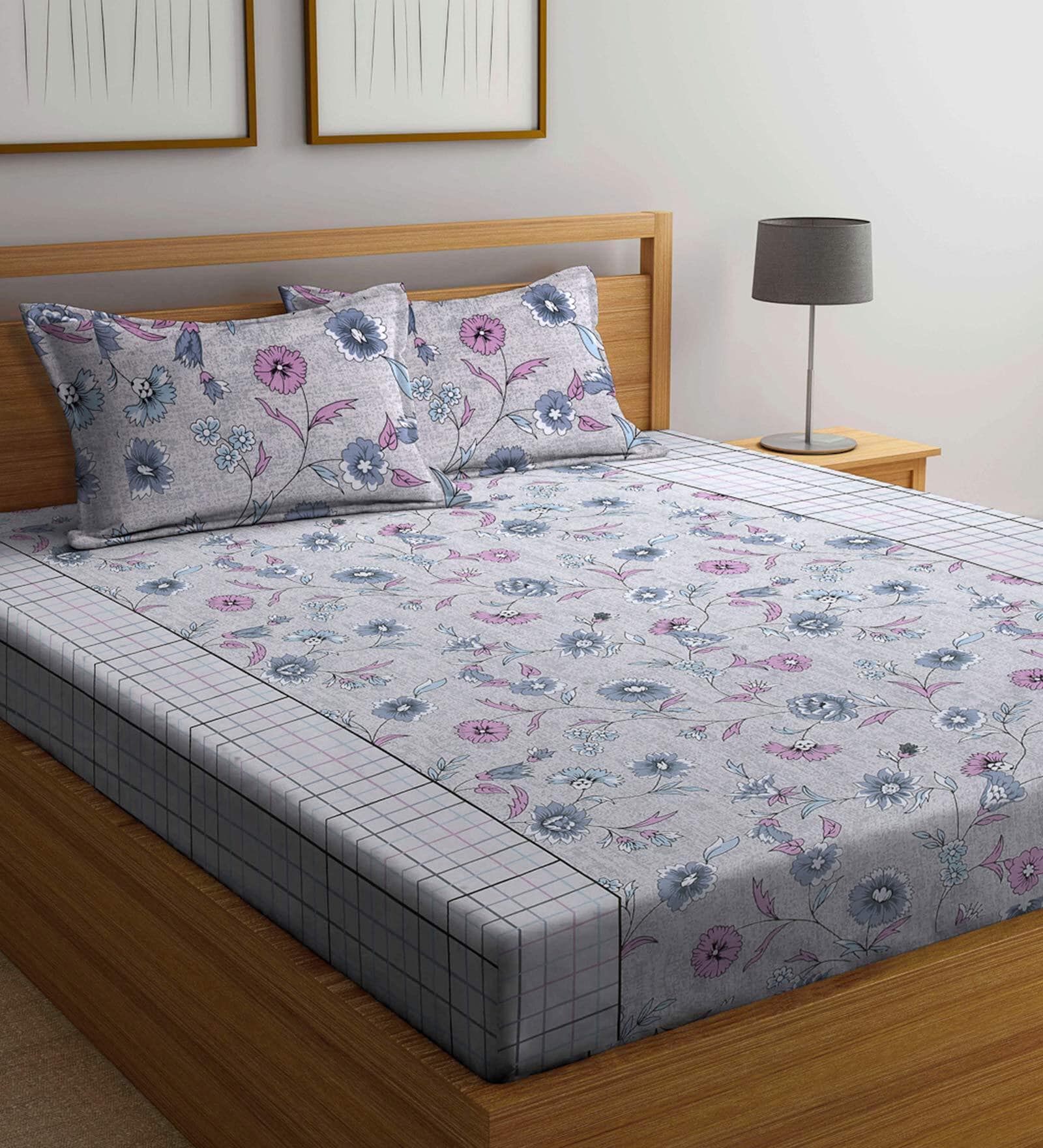 Buy Grey Floral Tc Cotton Queen Sized Fitted Bed Sheets With