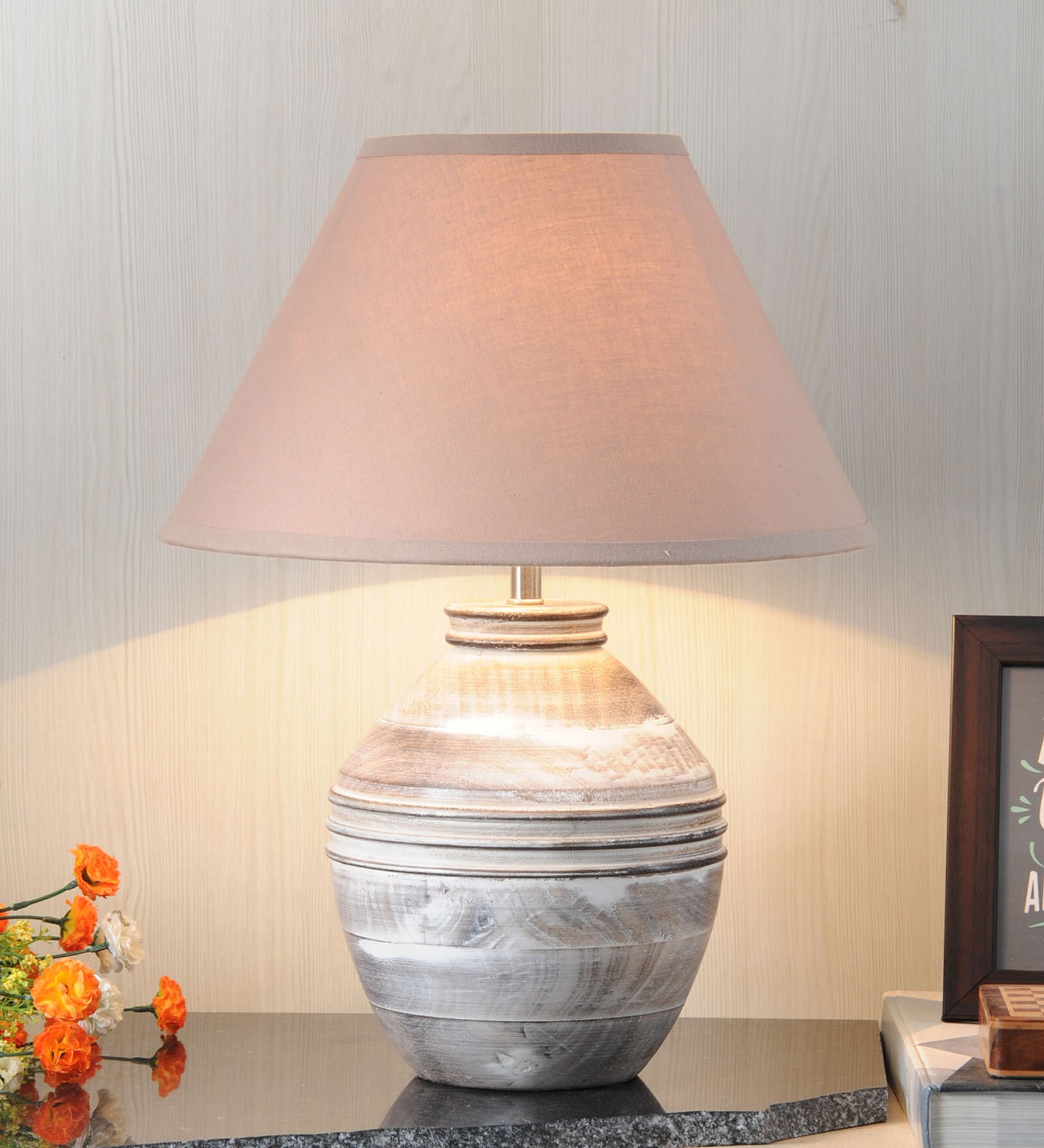 Buy Bendigo Beige Cotton Shade Night Lamp With Wood Base By Kapoor