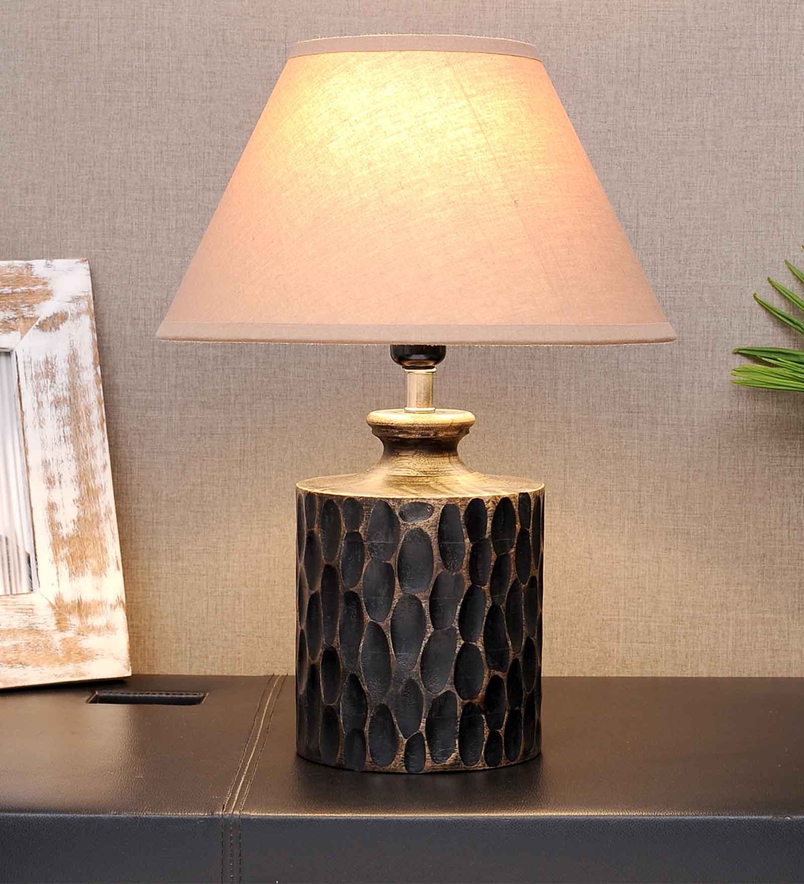 Buy Danica Beige Cotton Shade Night Lamp With Wood Base By Kapoor