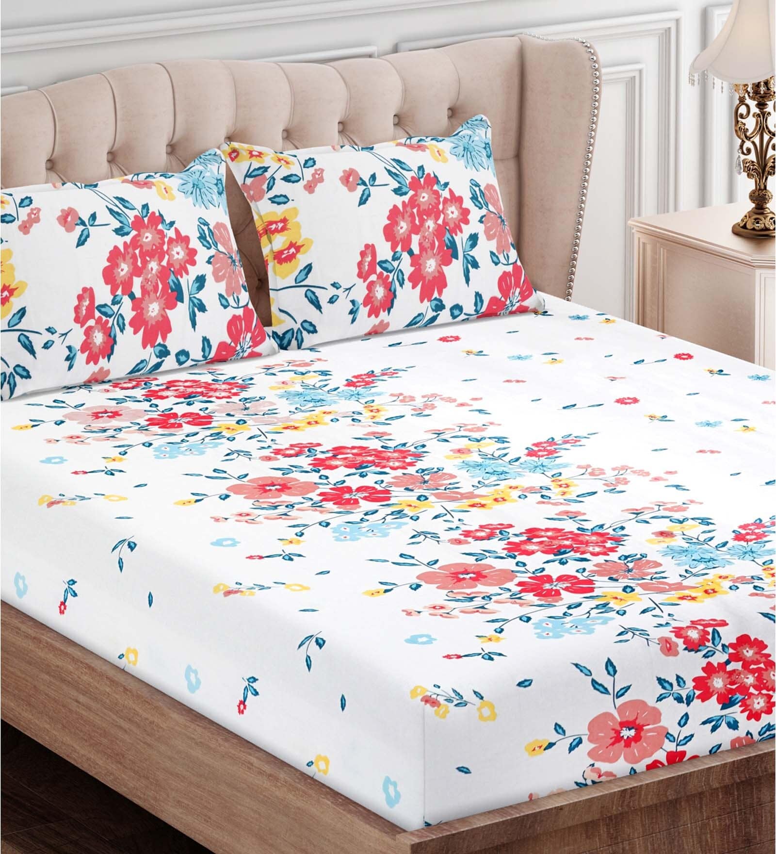 Buy Pink Floral 160 TC Cotton Queen Sized Bed Sheets With 2 Pillow