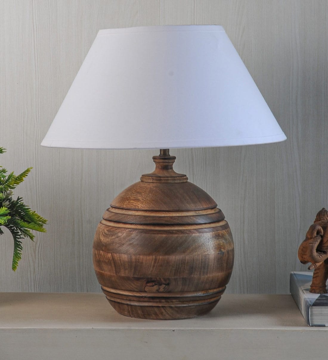 Buy Joshaphus White Cotton Shade Table Lamp With Natural Carved Wood