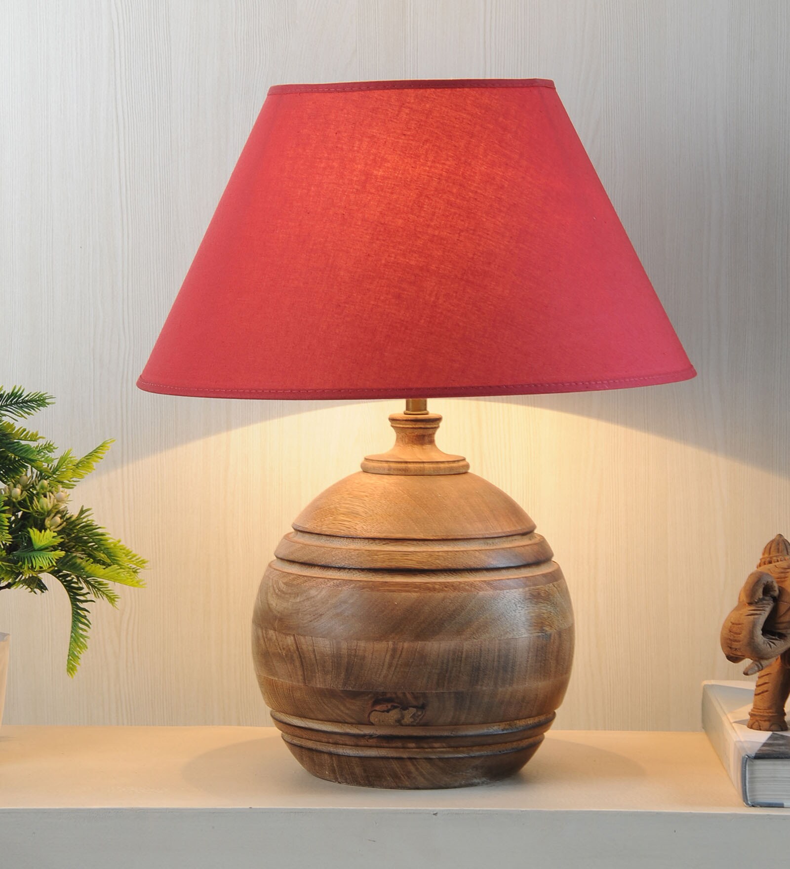 Buy Daffodil Maroon Cotton Shade Night Lamp With Wood Base By Kapoor