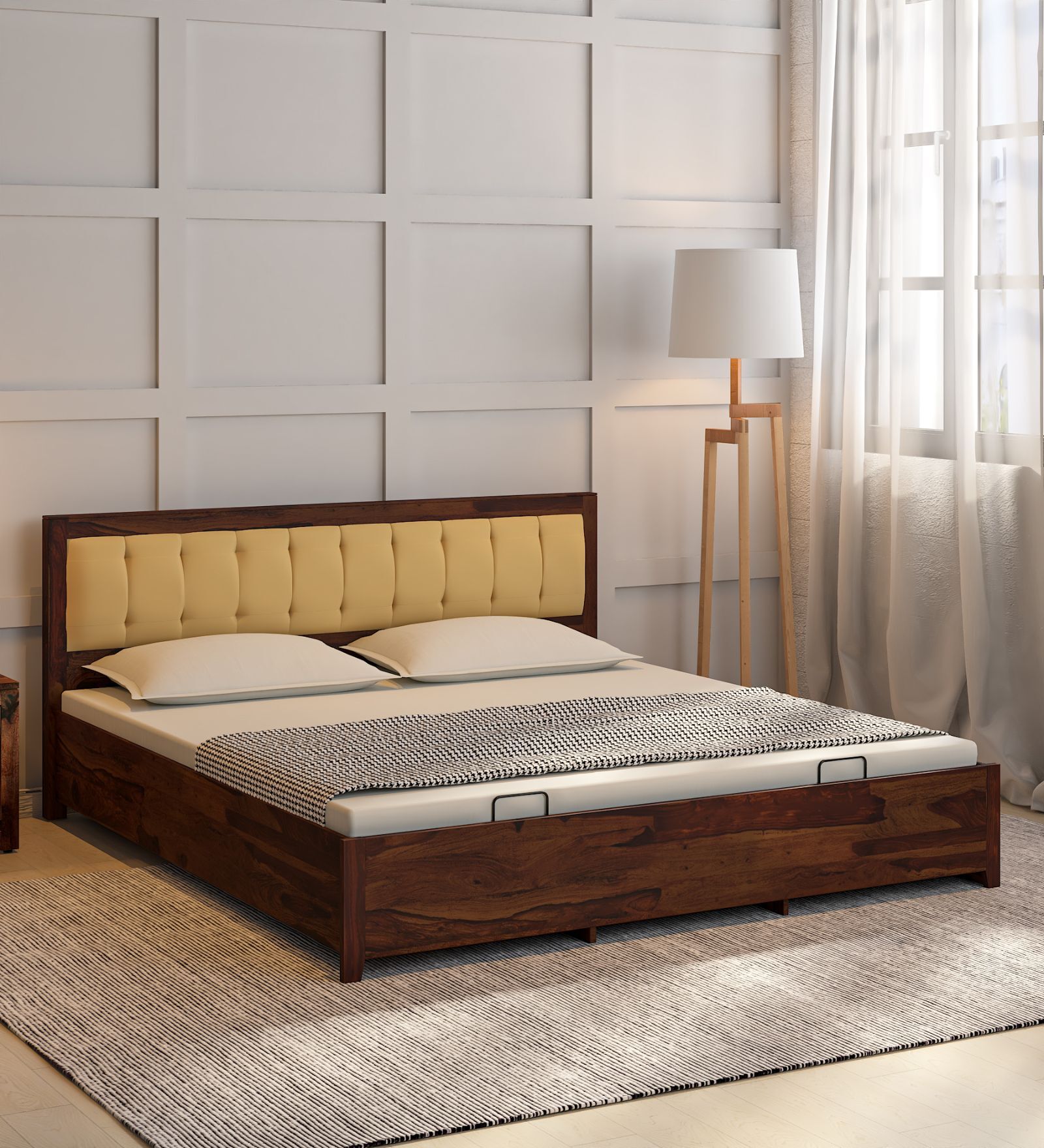 Buy Kayce Sheesham Wood Queen Size Upholstered Bed With Hydraulic