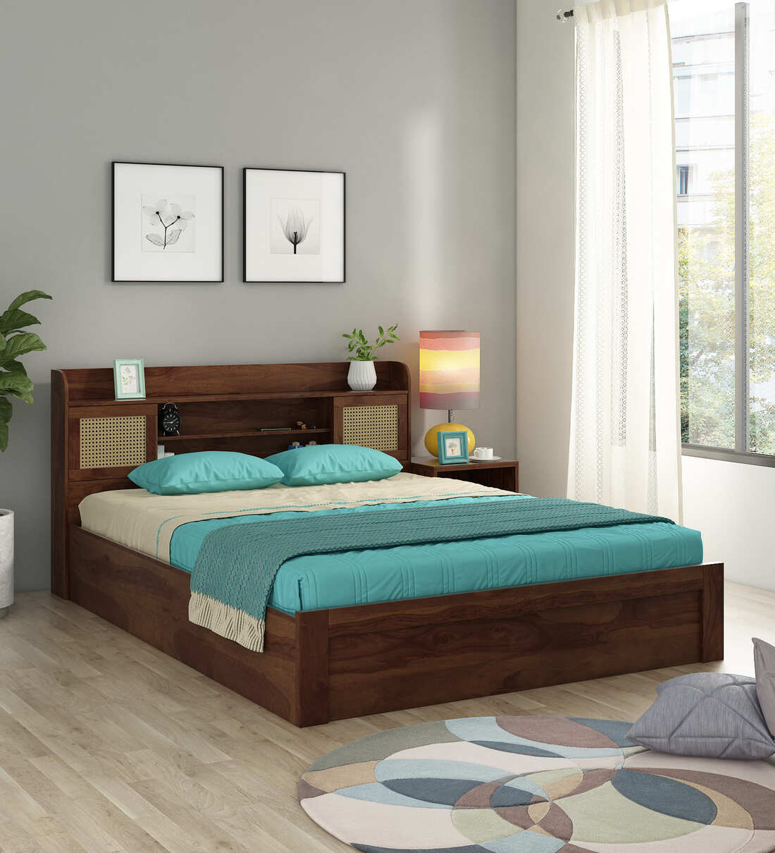 Buy Kosmo Jude Queen Size Bed In Sheesham Melamine Finish With Box