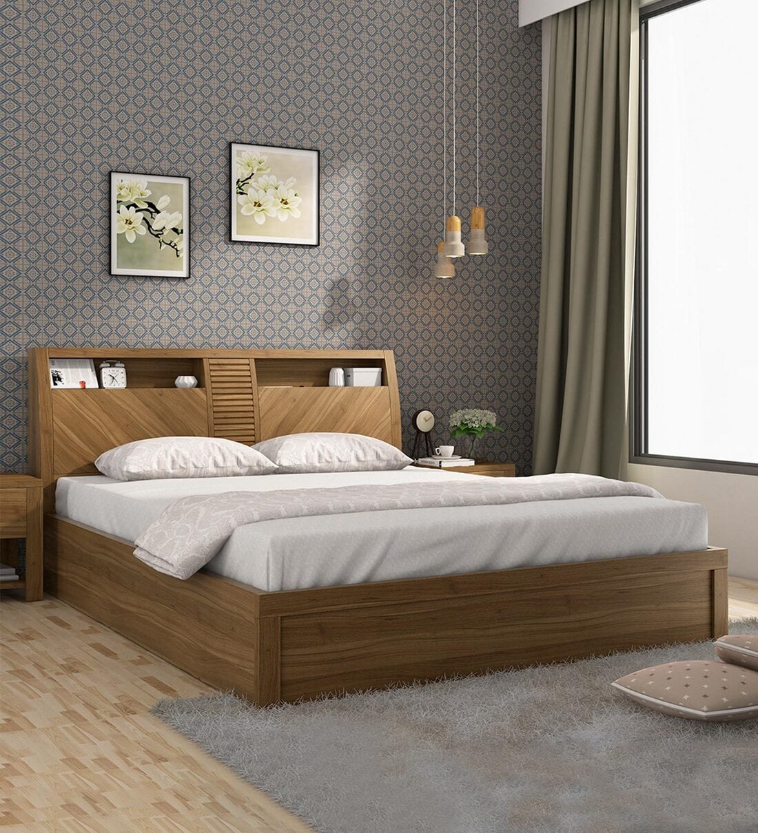 Buy Kosmo Monarch Queen Size Bed In Natural Teak Finish With Hydraulic