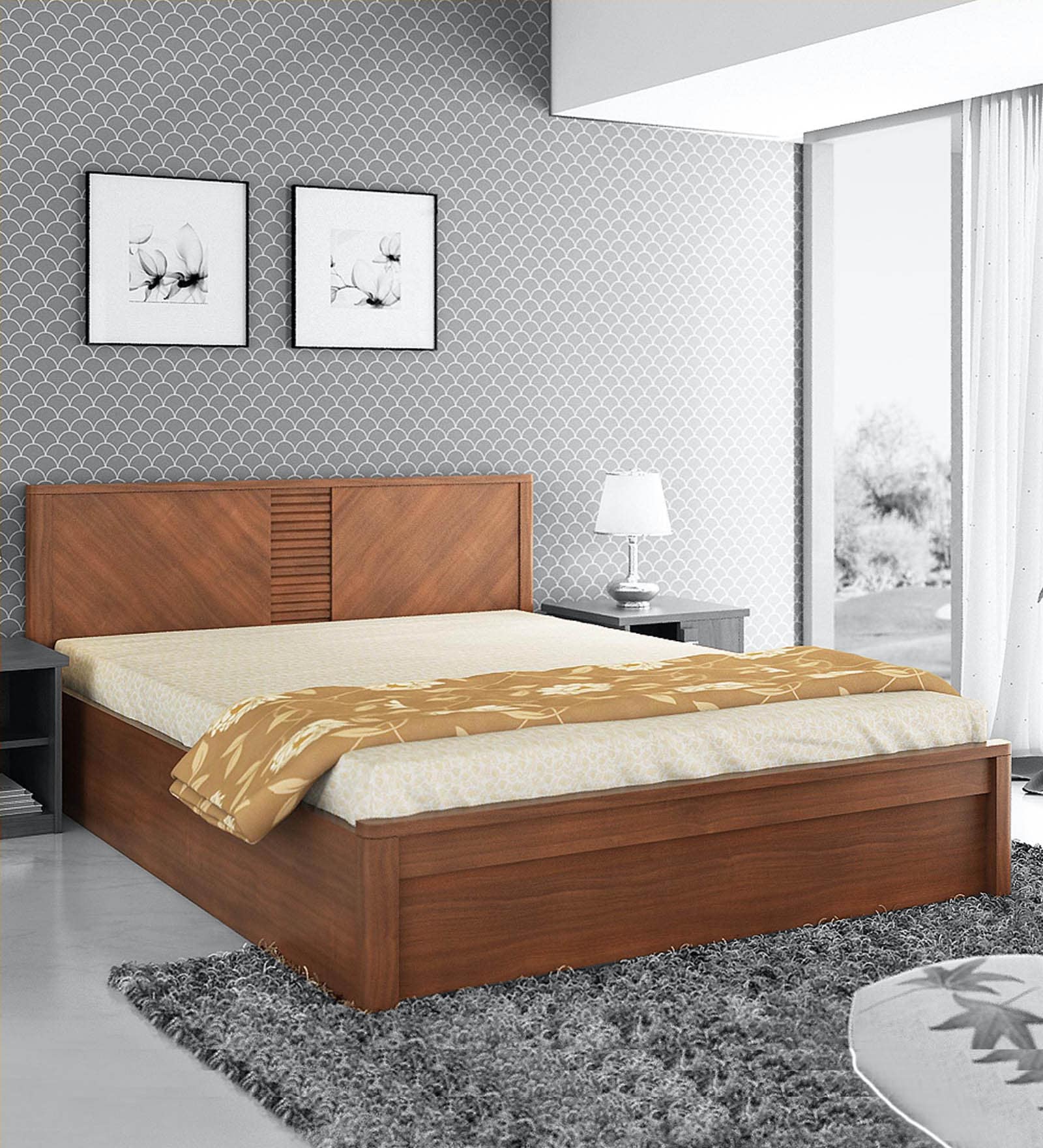 Buy Kosmo Romana Queen Size Bed In Rigato Walnut Finish With Box