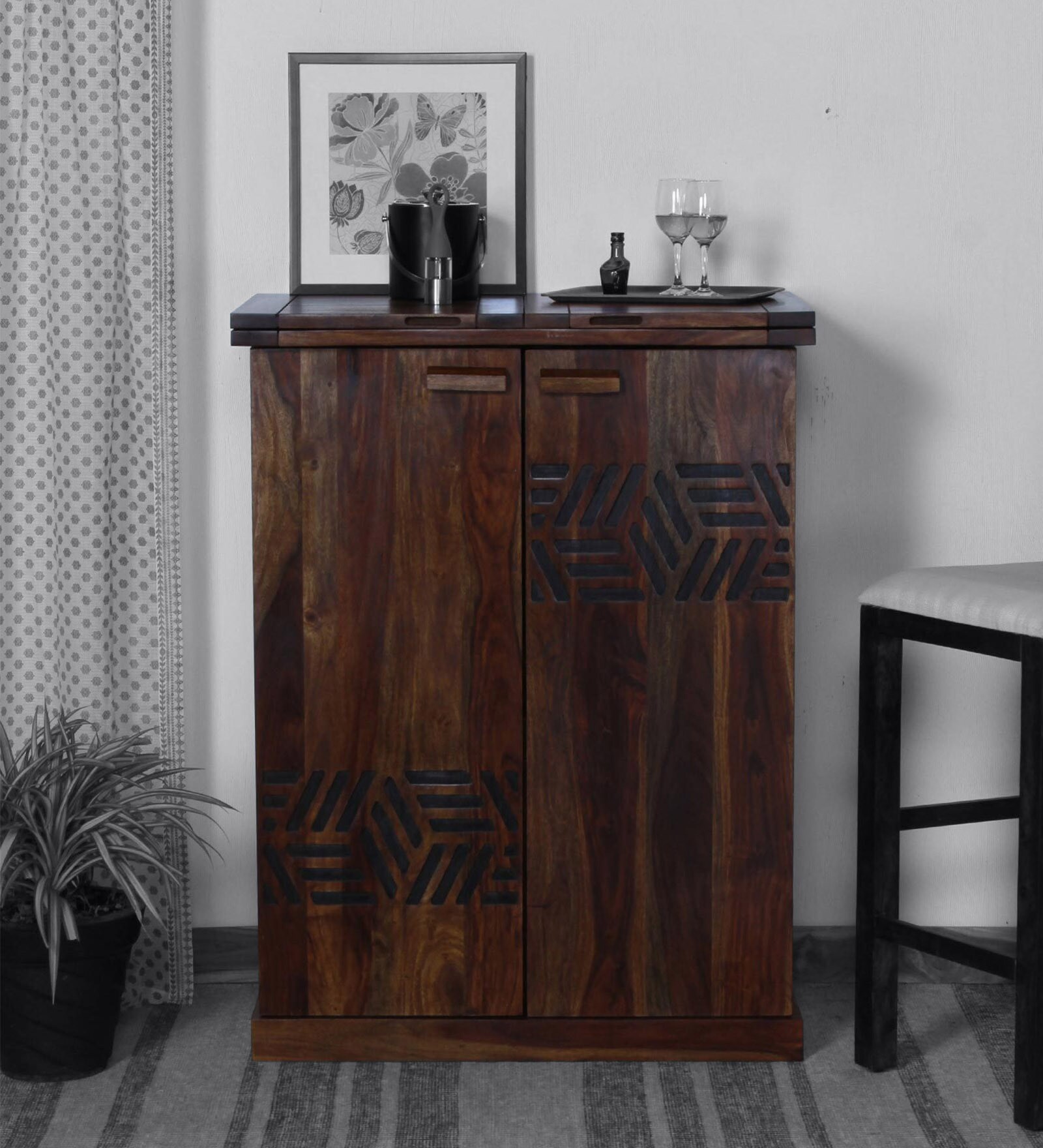 Buy Lerro Sheesham Wood Large Bar Cabinet In Provincial Teak Finish At