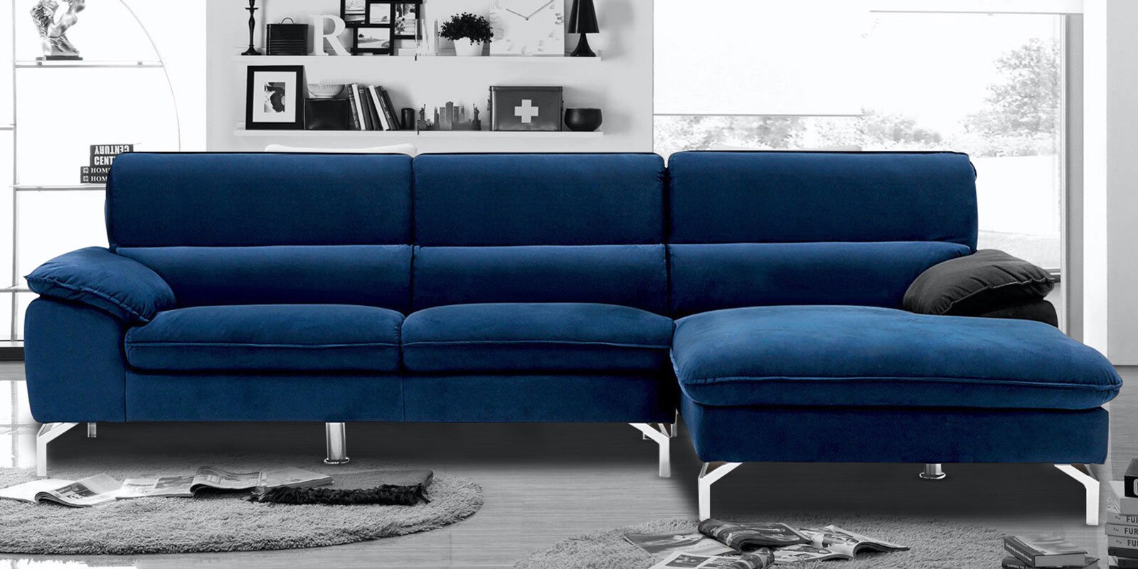 Buy Libby Velvet Lhs Sectional Sofa In Blue Colour At Off By