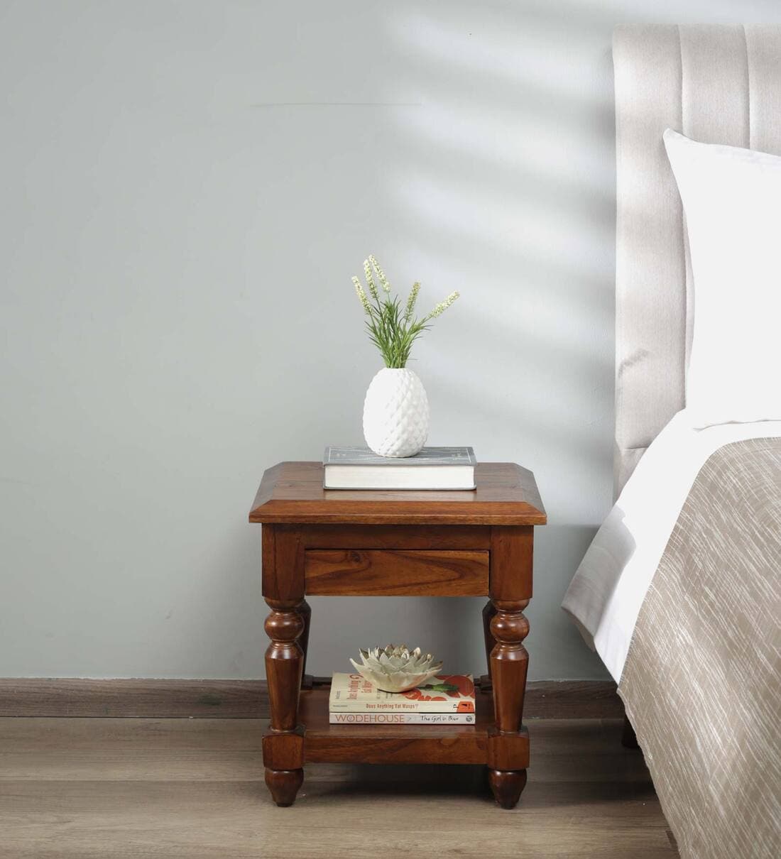 Buy Maroloma Latin Teak Wood Bedside Table In Provincial Teak Finish By