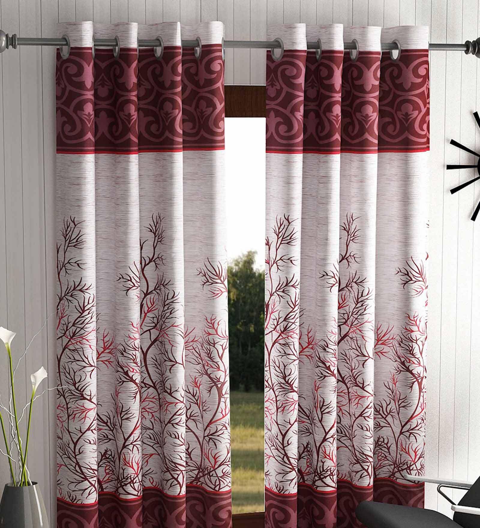 Buy Maroon Polyester Floral Curtain 7ft Semisheer Eyelet Door By Home