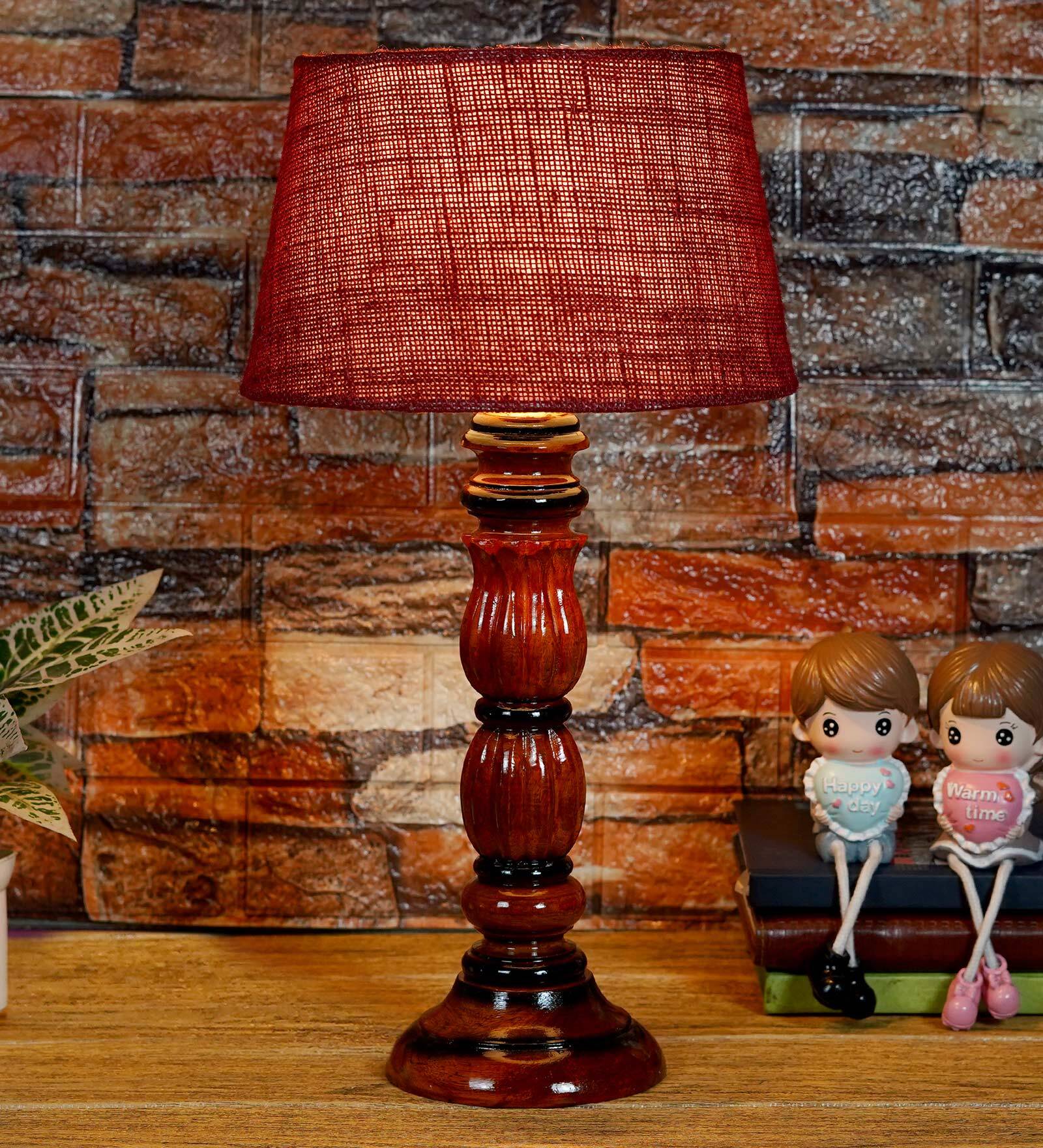 Buy Hector Maroon Fabric Shade Night Lamp With Wood Base By BrightDaisy