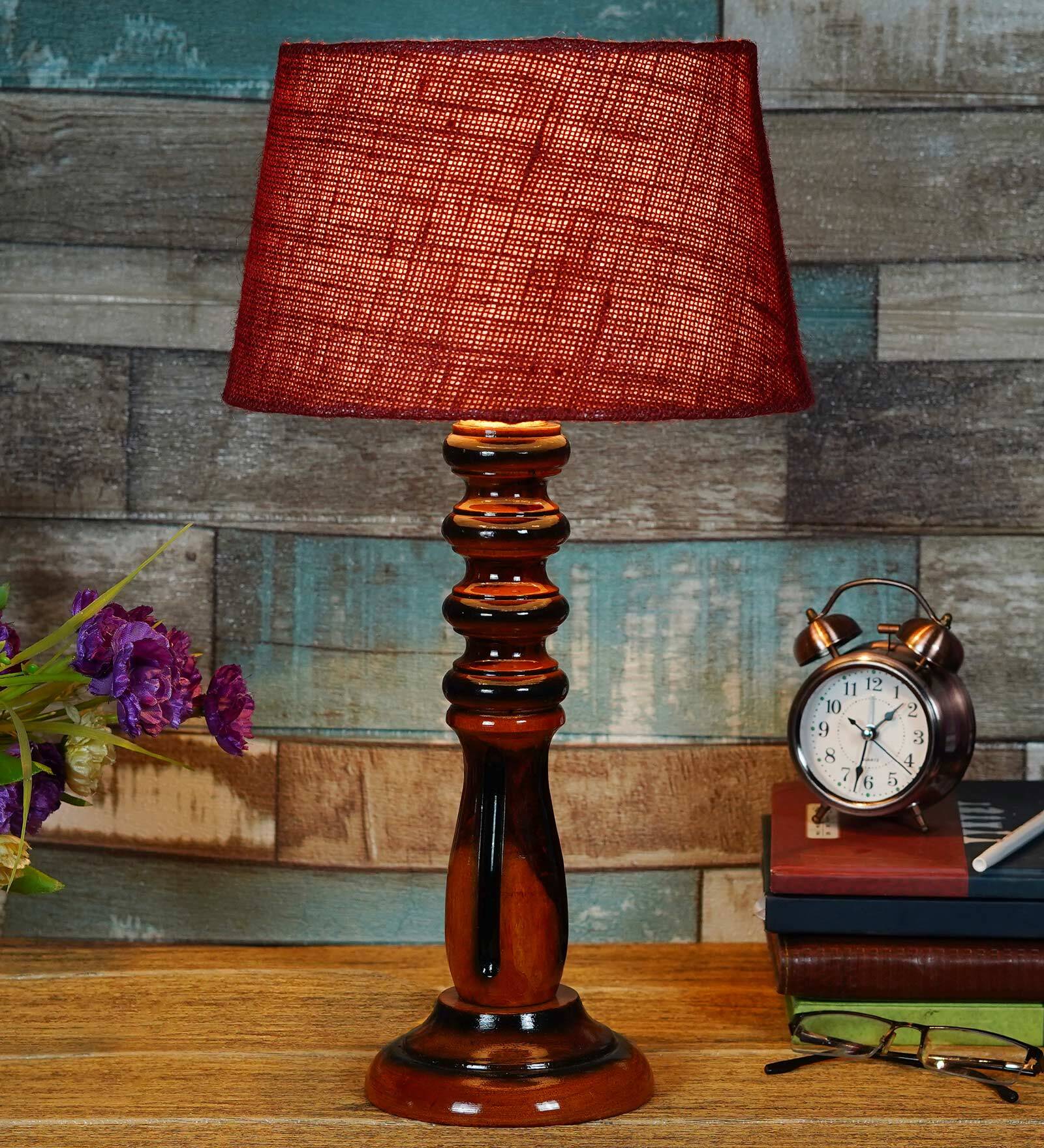 Buy Admiration Maroon Natural Fiber Shade Night Lamp With Wood Base By