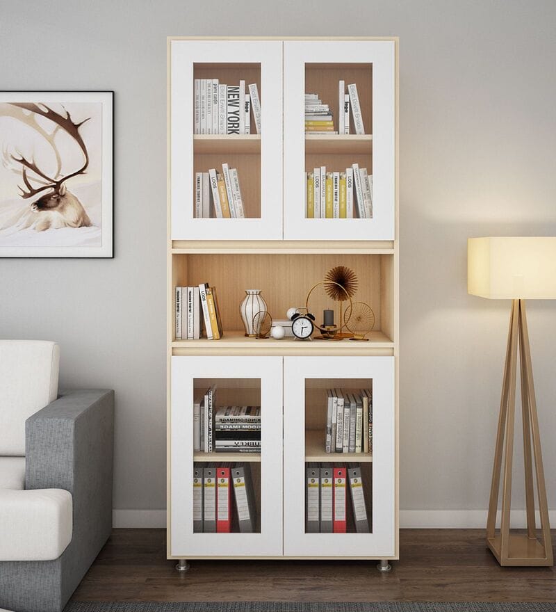 Buy Mobley Bookshelf In Beige Teak And Frosty White Colour By Woodbuzz