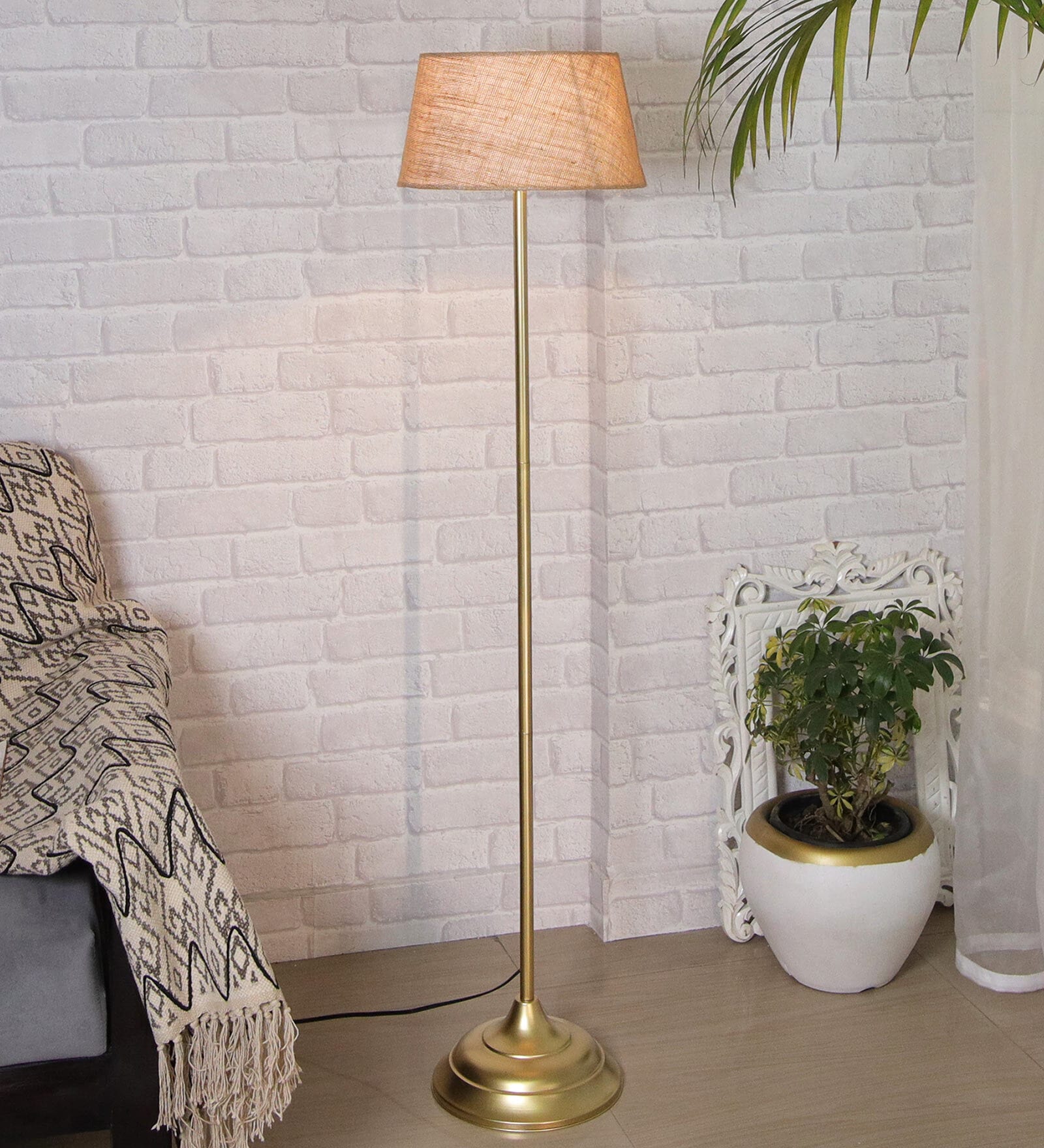 Buy Pascal Beige Cotton Shade Club Floor Lamp With Metal Base At